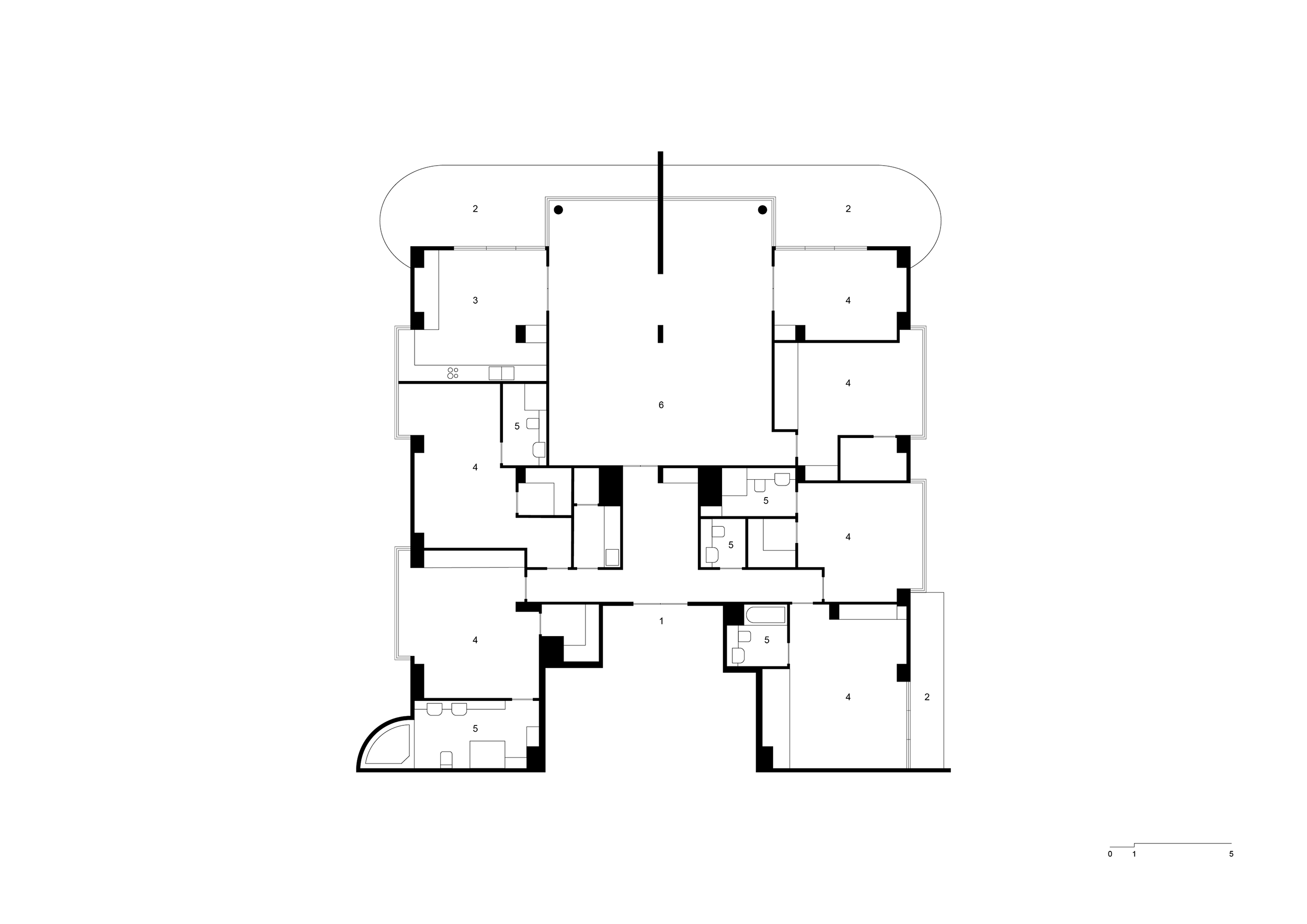 <p>Floorplan of a five-bedroom apartment in The Paramount Centre showing entrance (1), balconies (2), kitchen (3), bedrooms/studies (4), bathrooms (5), and living area (6).</p>