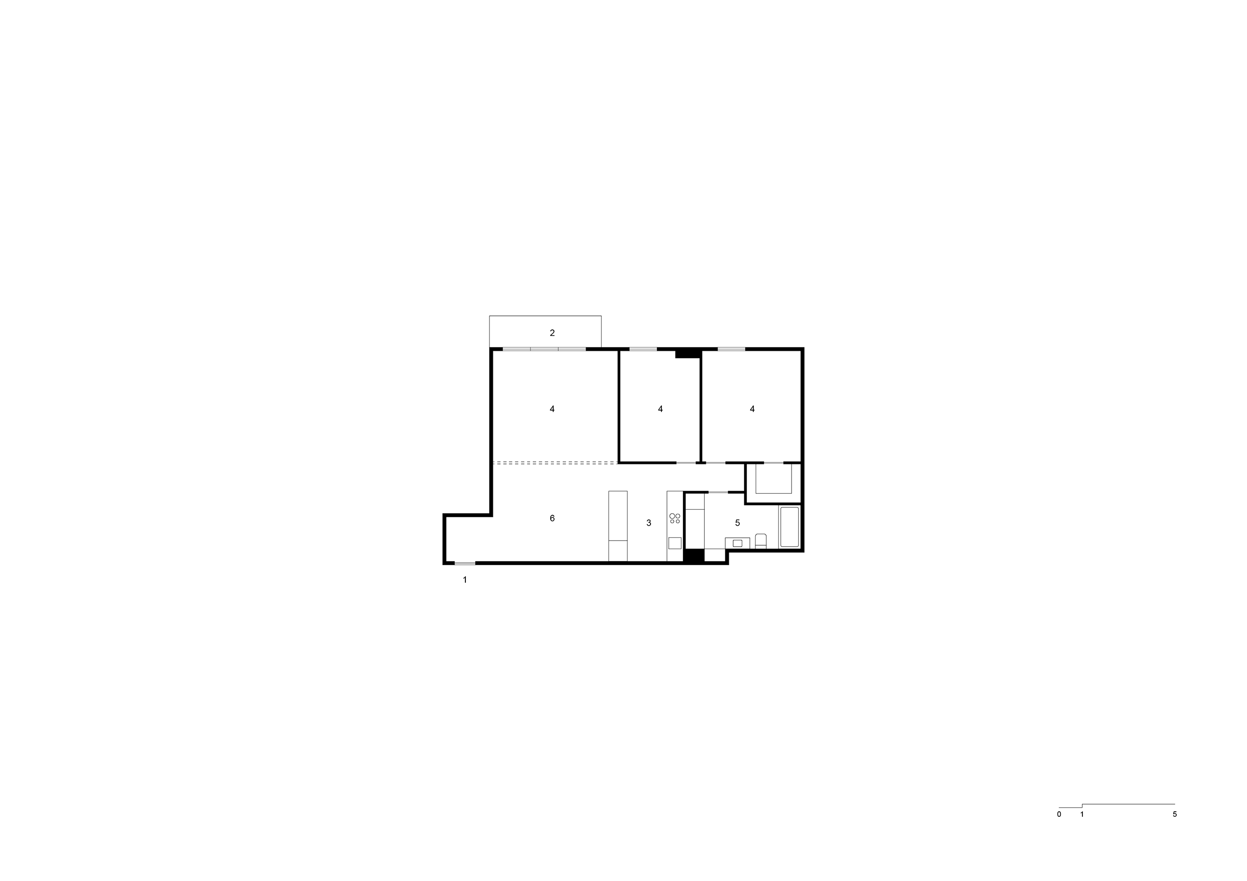 <p>Floorplan of the “three-bedroom apartment” advertised for rent showing entrance (1), balcony (2), kitchen (3), bedrooms/studies (4), bathroom (5), living area (6), and the “fake wall” dotted.</p>