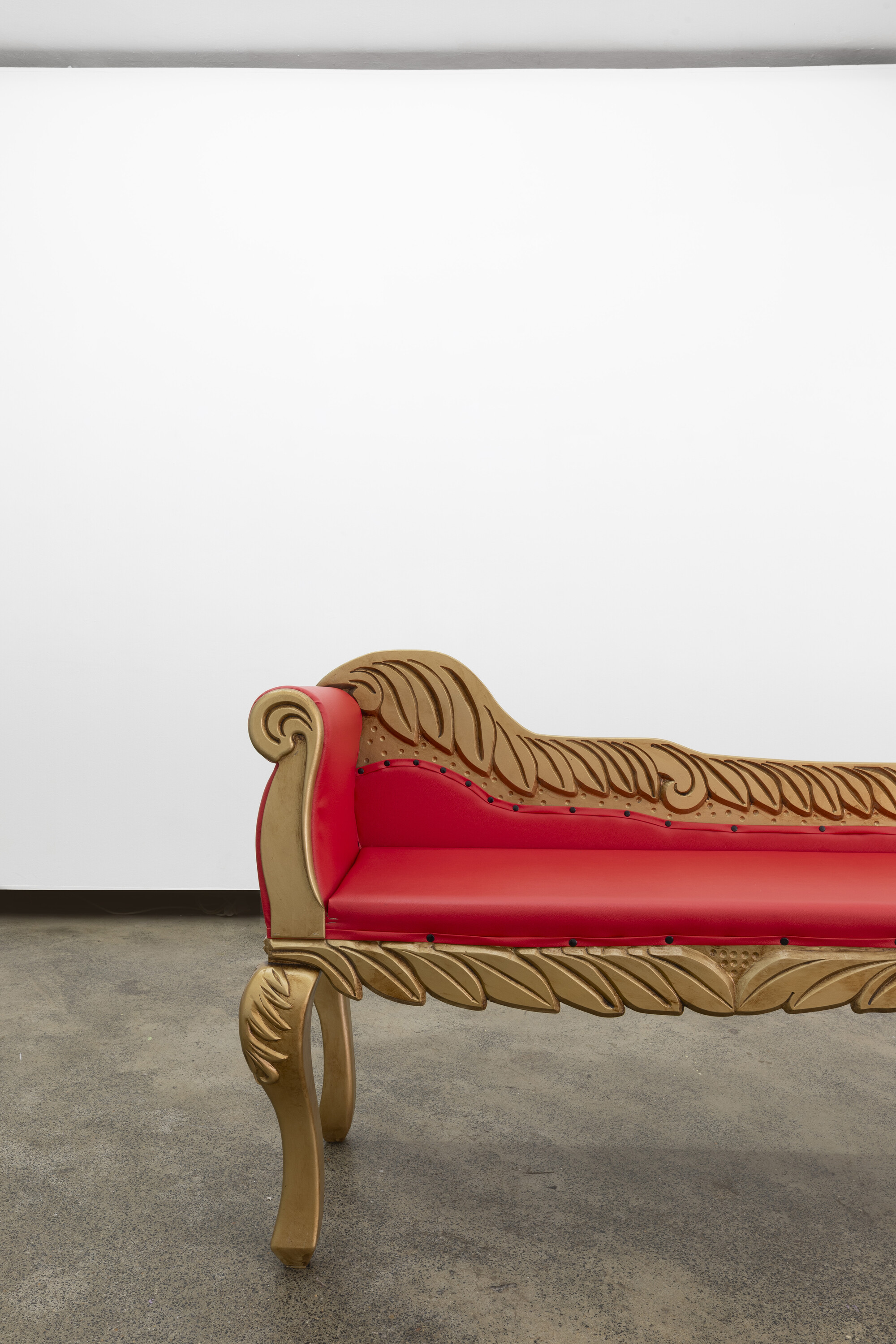 <p>Lisa Myeong-Joo, <em>The Red Chair in Your Picture Does Not Exist</em>, 2024, steel, plywood, PVC, vinyl, PU foam, acrylic, 400 x 84.5 x 42 cm. Photo: Jessica Maurer</p>