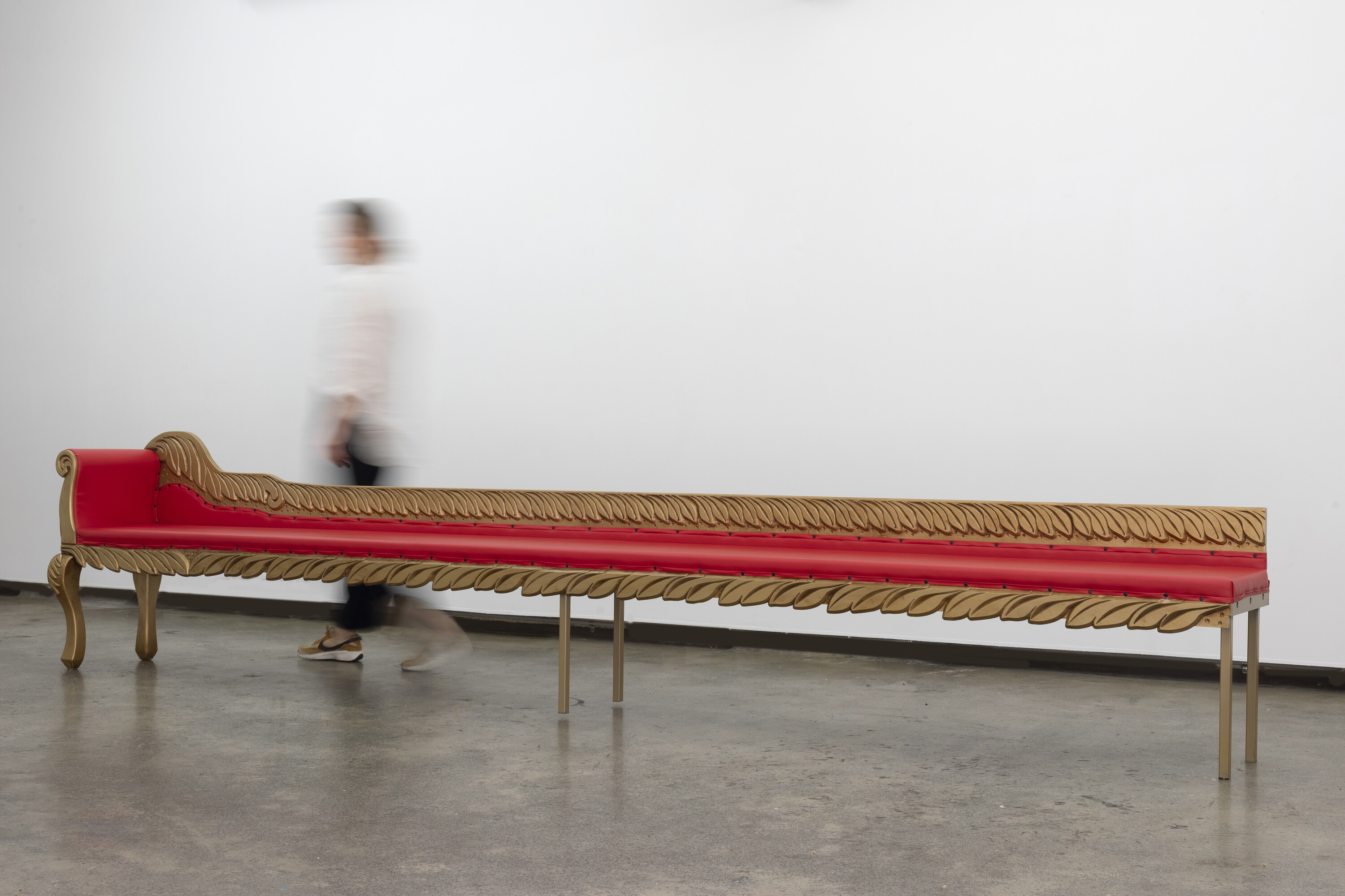 <p>Lisa Myeong-Joo, <em>The Red Chair in Your Picture Does Not Exist</em>, 2024, steel, plywood, PVC, vinyl, PU foam, acrylic, 400 x 84.5 x 42 cm. Photo: Jessica Maurer</p>