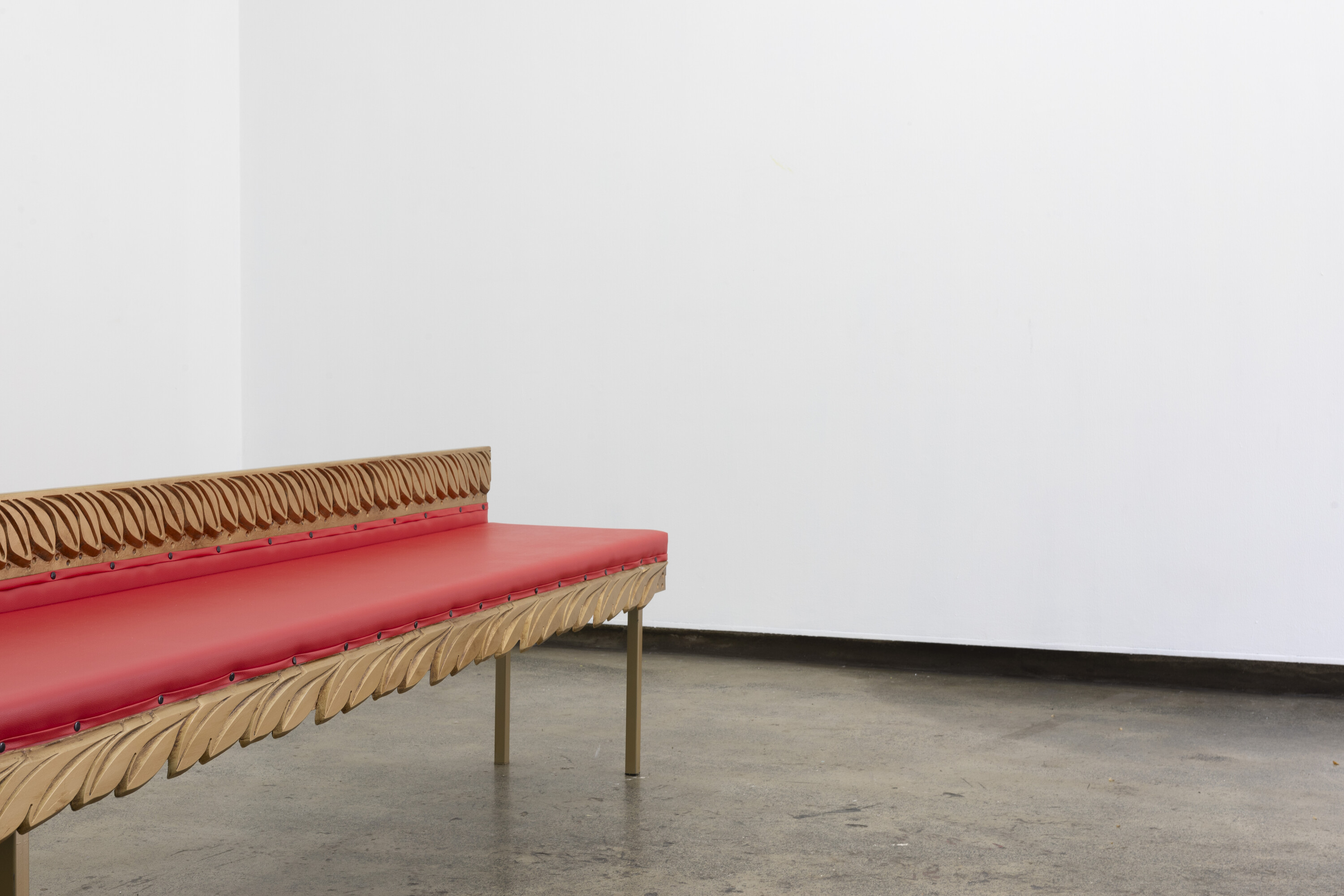 <p>Lisa Myeong-Joo, <em>The Red Chair in Your Picture Does Not Exist</em>, 2024, steel, plywood, PVC, vinyl, PU foam, acrylic, 400 x 84.5 x 42 cm. Photo: Jessica Maurer</p>