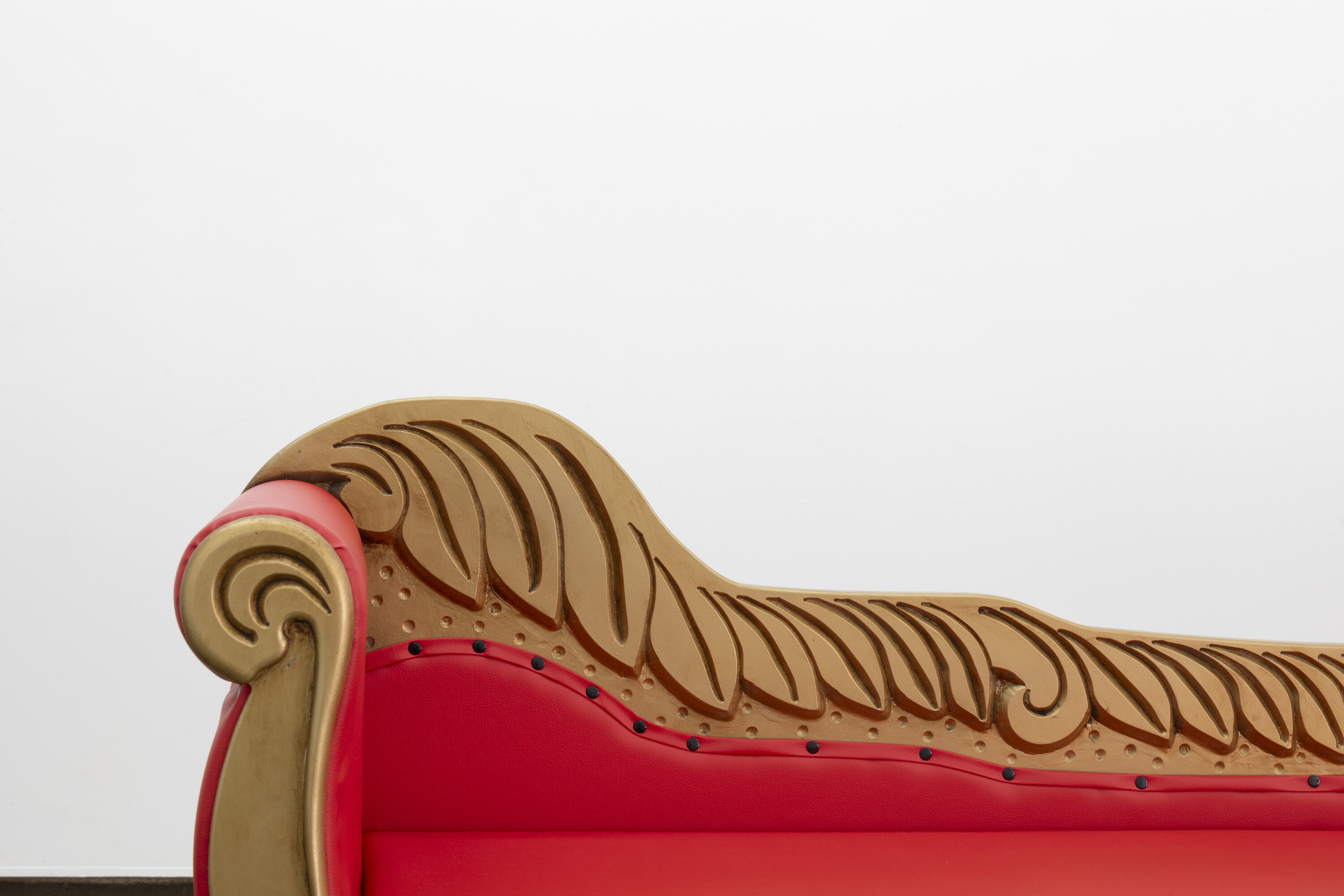 <p>Detail of Lisa Myeong-Joo, <em>The Red Chair in Your Picture Does Not Exist</em>, 2024, steel, plywood, PVC, vinyl, PU foam, acrylic, 400 x 84.5 x 42 cm. Photo: Jessica Maurer</p>