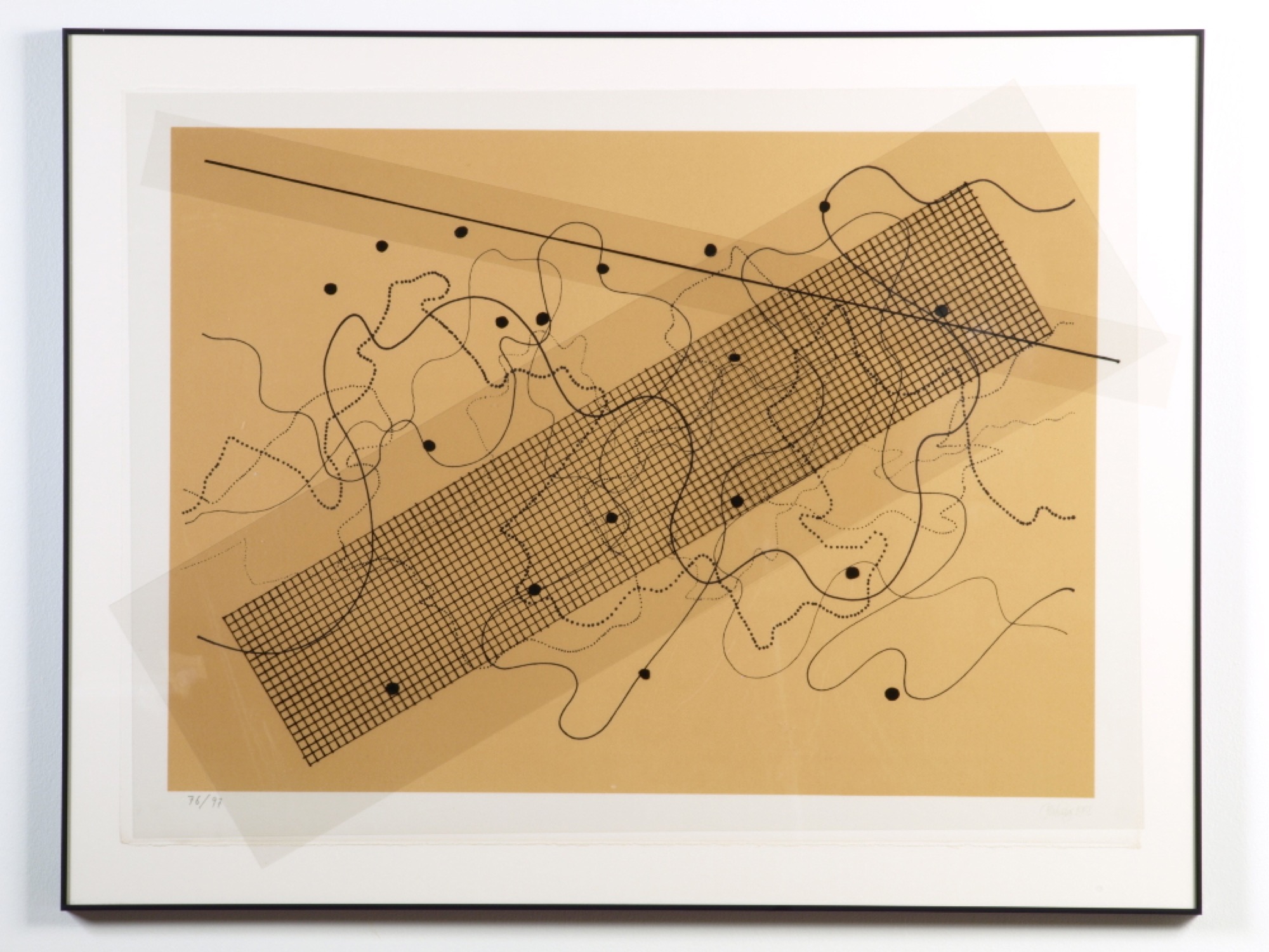 John Cage, <em>Fontana Mix (Orange/Tan)</em>, 1981, Screenprint on Arches paper, with three celluloid (mylar) templates printed in black ink. Courtesy of the artist and Carl Solway Gallery, Cincinnati.