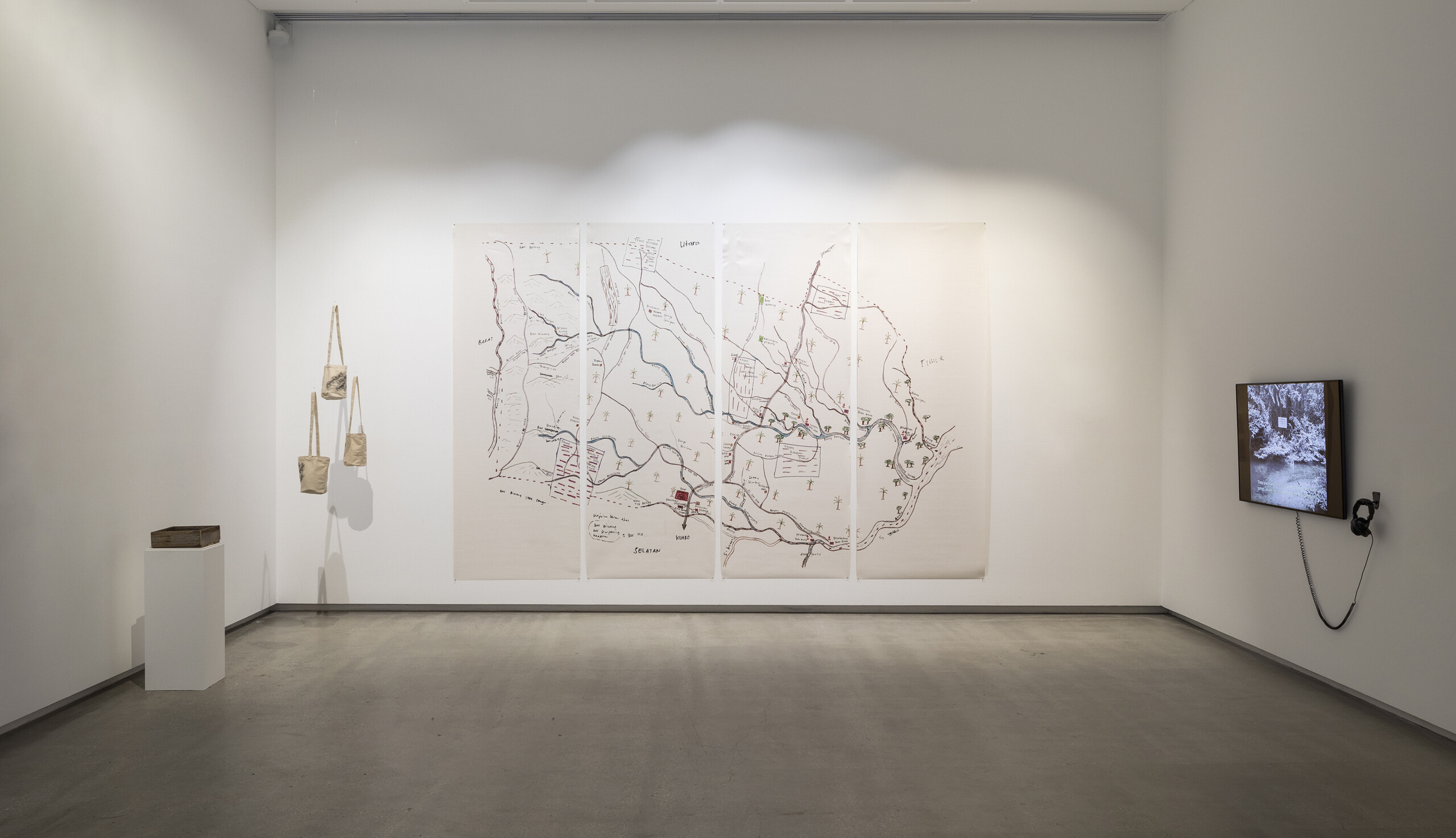 Yurni Sadariah, <em>Rangan Territories Map</em>, 2023. Installation view, The Soils Project, TarraWarra Museum of Art, 2023. Courtesy of the artist and Milani Gallery, Brisbane / Courtesy of the artist. Photo: Andrew Curtis.