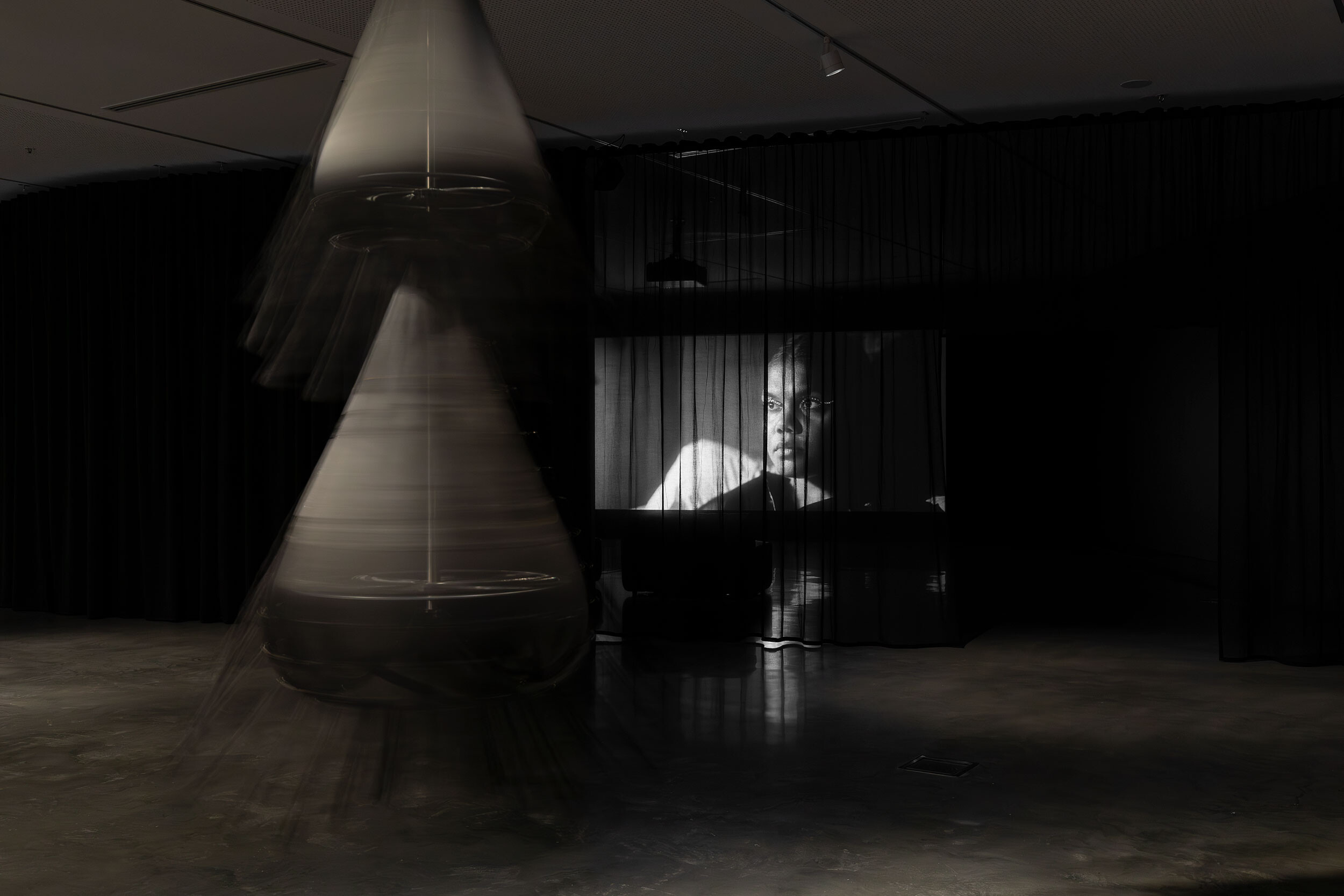 <p>Installation view of <em>The Veil</em>, Buxton Contemporary, the University of Melbourne. Featuring Hannah Gartside, <em>Sarah</em>, 2021; Hayley Millar Baker, <em>The Umbra</em>, 2023. Photography by Christian Capurro</p>