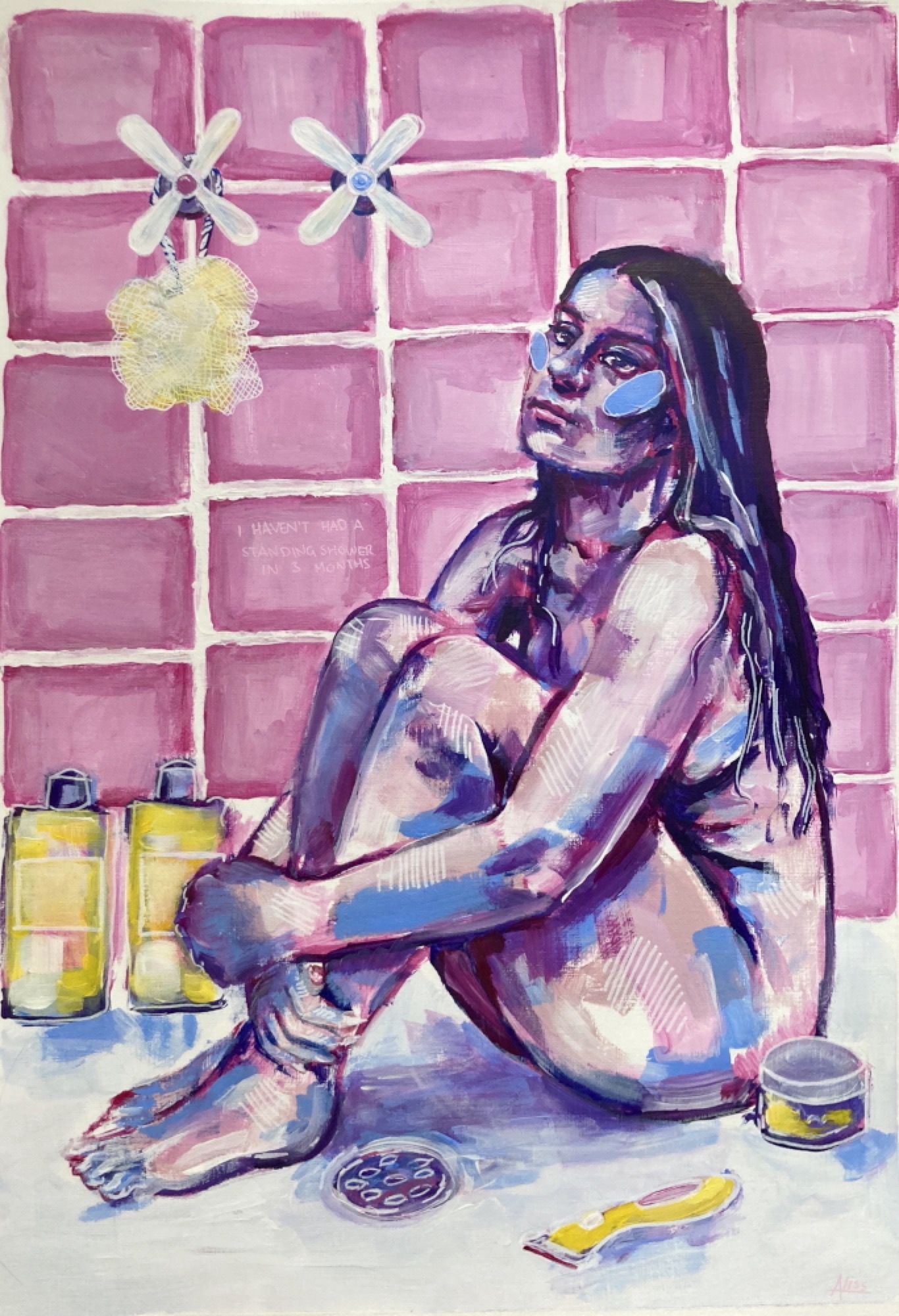 Aliss Rigby, <em>I HAVEN’T HAD A STANDING SHOWER IN 3 MONTHS</em>, 2020, Acrylic on paper, 42cm x 59cm. Courtesy of the artist.