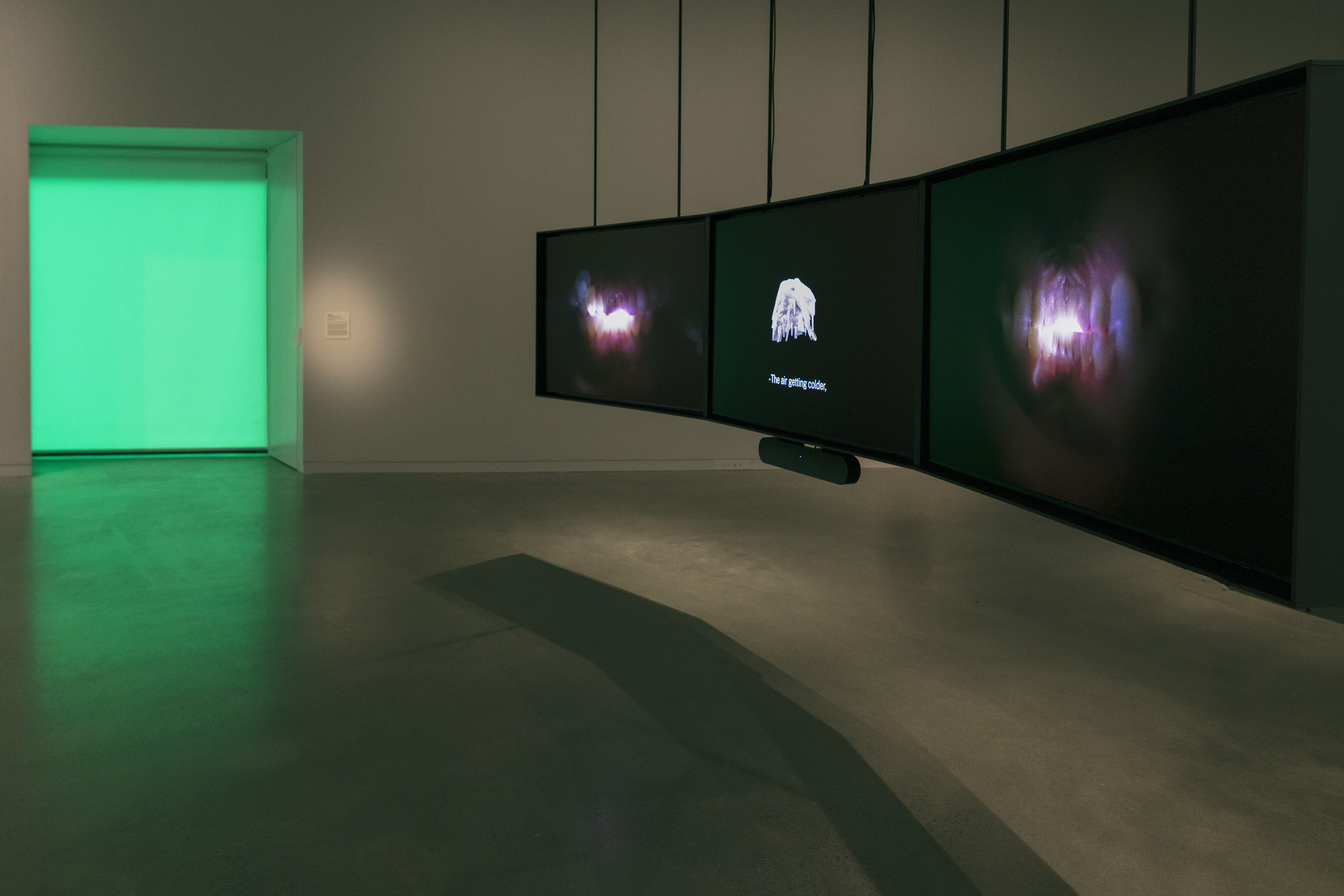 <p>Installation view of <em>To tangle together like coursing water</em>, 2026, three channel video, 20:51 minutes, Newcastle Art Gallery. Photo: Edwina Richards.</p>