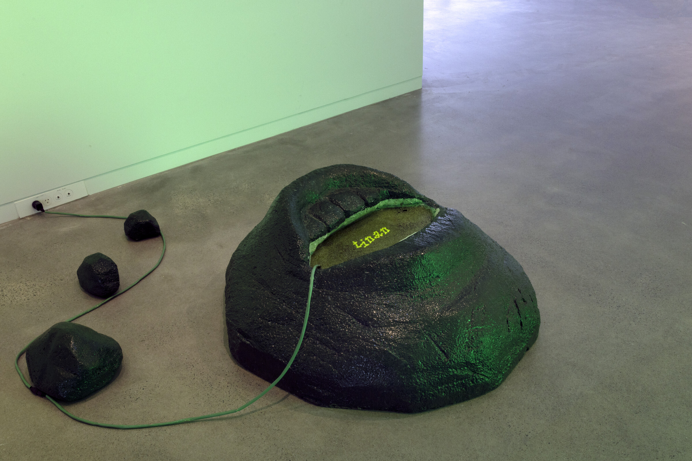 <p>Installation view of Tiyan Baker, <em>My mother’s tongue</em>, 2022, foam, epoxy resin, fibreglass mat, sand, water-based epoxy, paint, mica pigment, green food dye, titanium dioxide, water, miniature water pump, duckweed, digital video. <em>Tiyan Baker: Mouth Mnemonica</em>, 2026, Newcastle Art Gallery. Photo: Edwina Richards.</p>