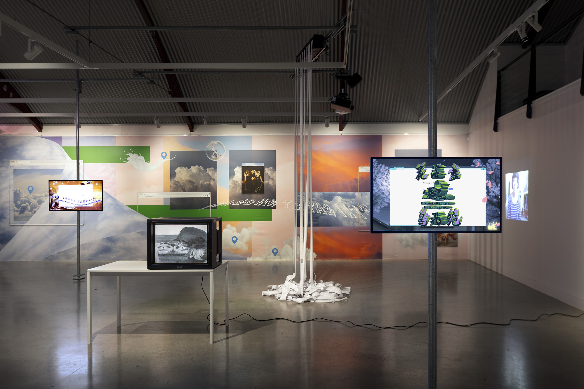 <p>Xanthe Dobbie, <em>CLOUDCOPYUNREQUITED (2024)</em>. Phototex digital wallpaper. (Commissioned by Cement Fondu, 2024). <em>TMI</em> exhibition installation view, Cement Fondu, 2024. Photograph: Jessica Maurer.</p>