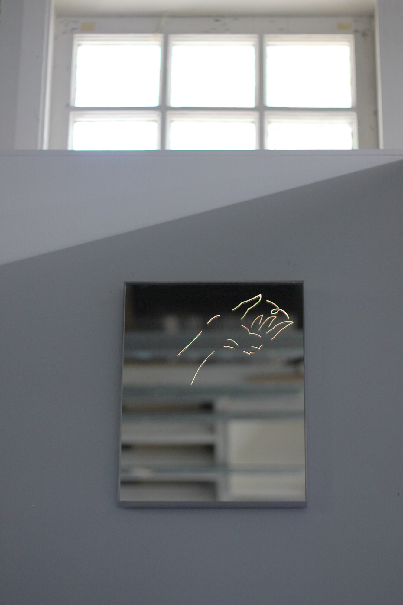 Tom Blake, <em>index, leaves</em>, 2022. Hand-etched de-silvered mirror, light box, artist-made aluminium frame, 40 x 30 cm. Image courtesy the artist and N.Smith Gallery.
