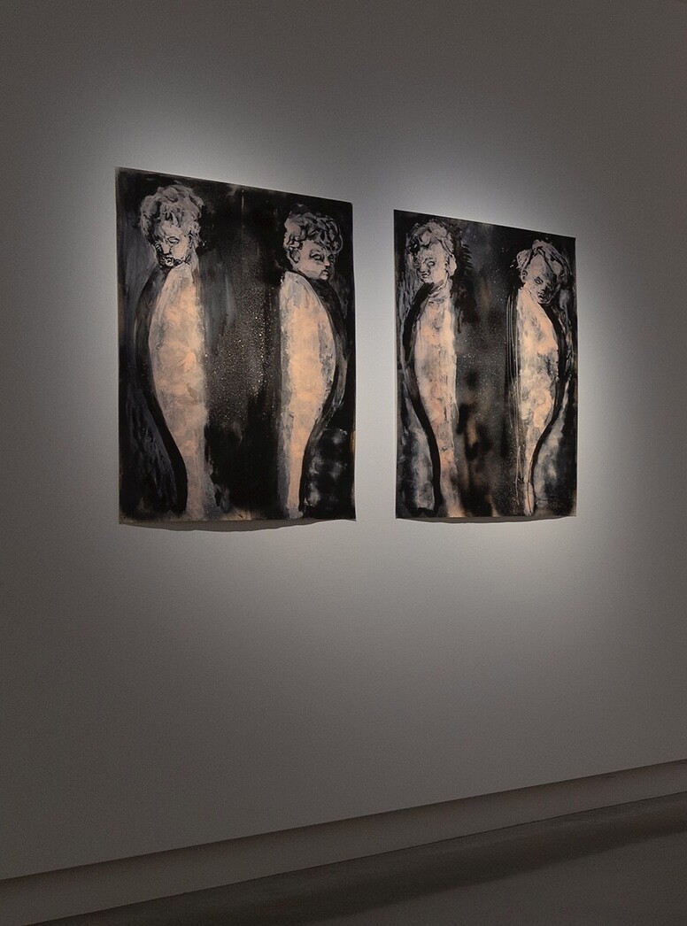 <p>Installation view of Tony Clark, A<em>rchitectural motif with Putti I and II</em>, 2023, acrylic and permanent marker ink on paper, 99.5 x 74.5 cm, Buxton Contemporary, the University of Melbourne. © the artist and Murray White Room. Photo: Christian Capurro.</p>