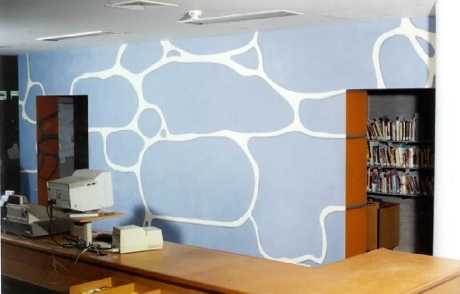 <p>Installation view of Tony Clark, <em>Jasperware Mural</em>, 1994, acrylic and varnish on wall, 210 x 970 x 40 cm, St. Kilda Public Library, © City of Port Philip and Murray White Room, Melbourne. Photo: unknown.</p>
