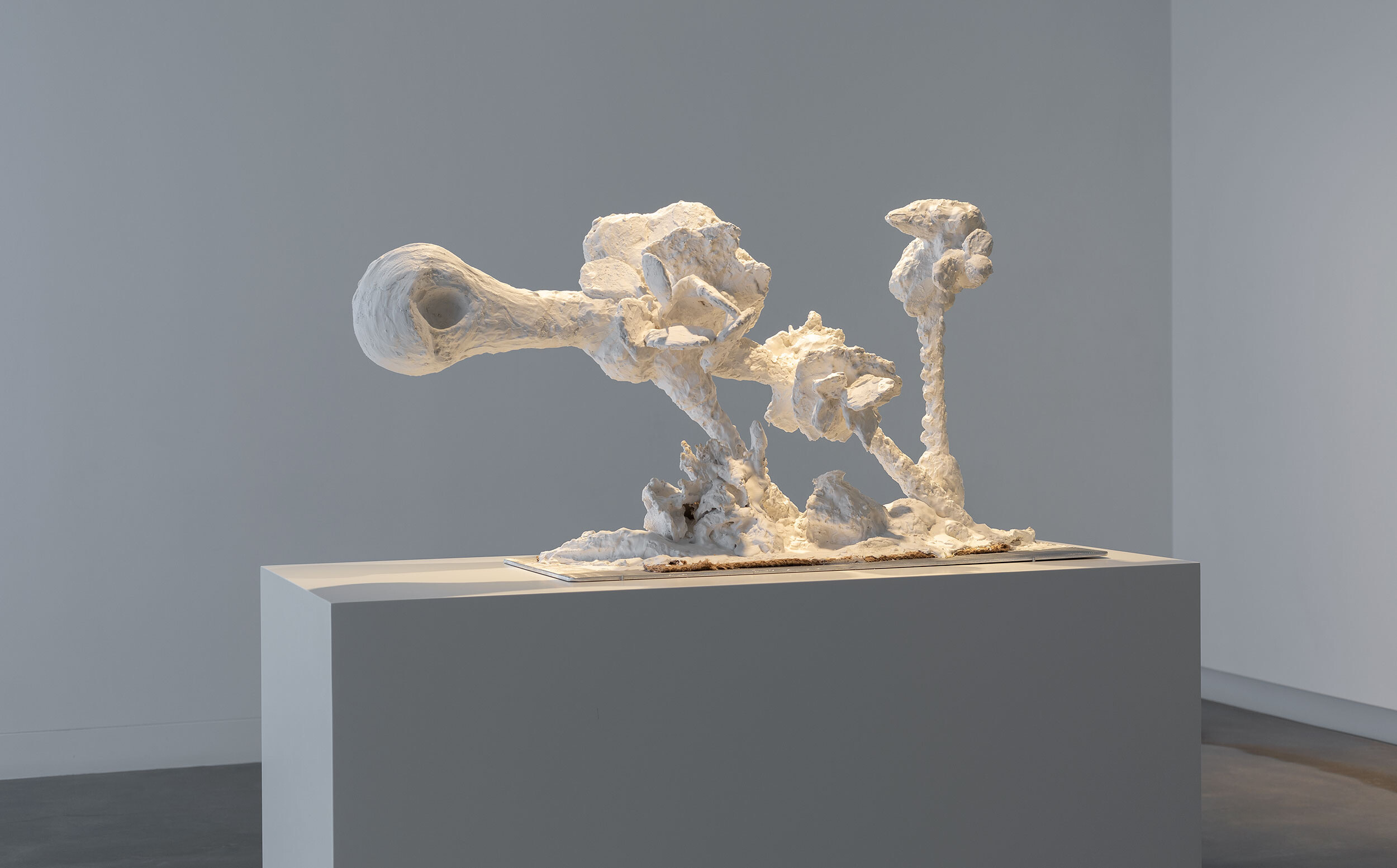 <p>Installation view of Tony Clark and Joanne Ritson, <em>Jasperware Arrangement</em>, 2024, plaster, aluminium, cotton, and hessian, 52 x 130 x 30 cm, Buxton Contemporary, the University of Melbourne. Photo: Christian Capurro.</p>