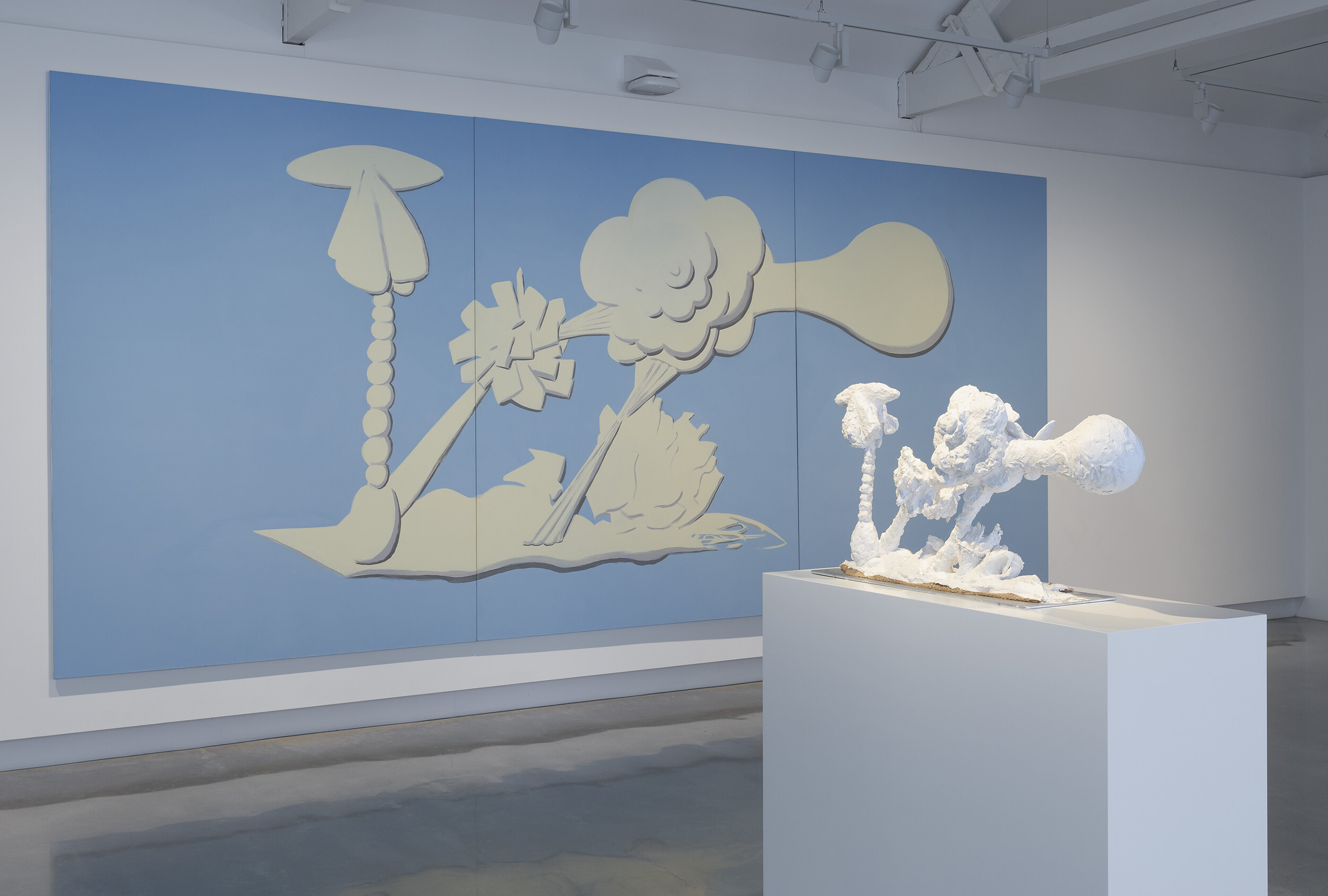 <p>Installation view of Tony Clark and Joanne Ritson, <em>Jasperware Arrangement</em>, 2024, plaster, aluminium, cotton, and hessian, 52 x 130 x 30 cm, and Tony Clark, <em>Jasperware (Landscape)</em>, 1993, acrylic on canvas, 244 x 549 cm, Buxton Contemporary, the University of Melbourne. © Michael Buxton Collection, the University of Melbourne Art Collection. Photo: Christian Capurro.</p>