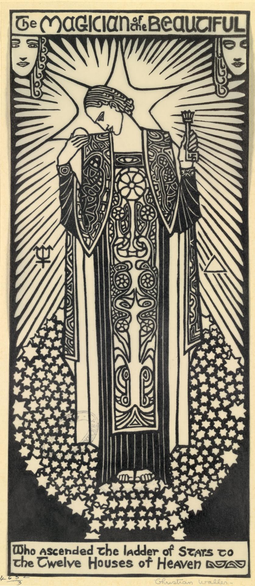 Christian Waller, <em>The magician of the beautiful</em>, 1932, linocut on transfer paper, 31.6 × 13.4 cm (image) 32.6 × 14.6 cm (sheet) 51.8 × 33.7 cm (secondary support), National Gallery of Victoria, Copyright Estate of Christian Waller