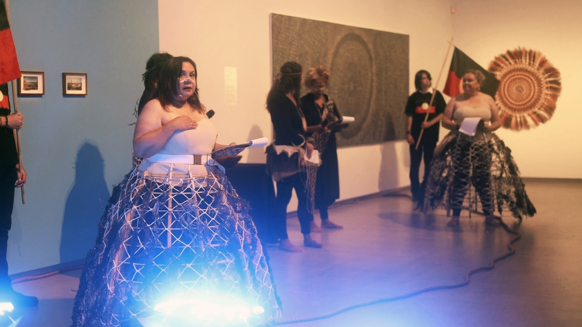 Unbound Collective (Ali Gumillya Baker, Faye Rosas Blanch, Natalie Harkin, Simone Ulalka Tur), <em>PERMEATE / mapping skin and tides of saturated resistance</em> performance documentation, 2023, TarraWarra Biennial 2023: ua usiusi fa’ava’asavili. Photo: Luce Nguyễn-Hunt
