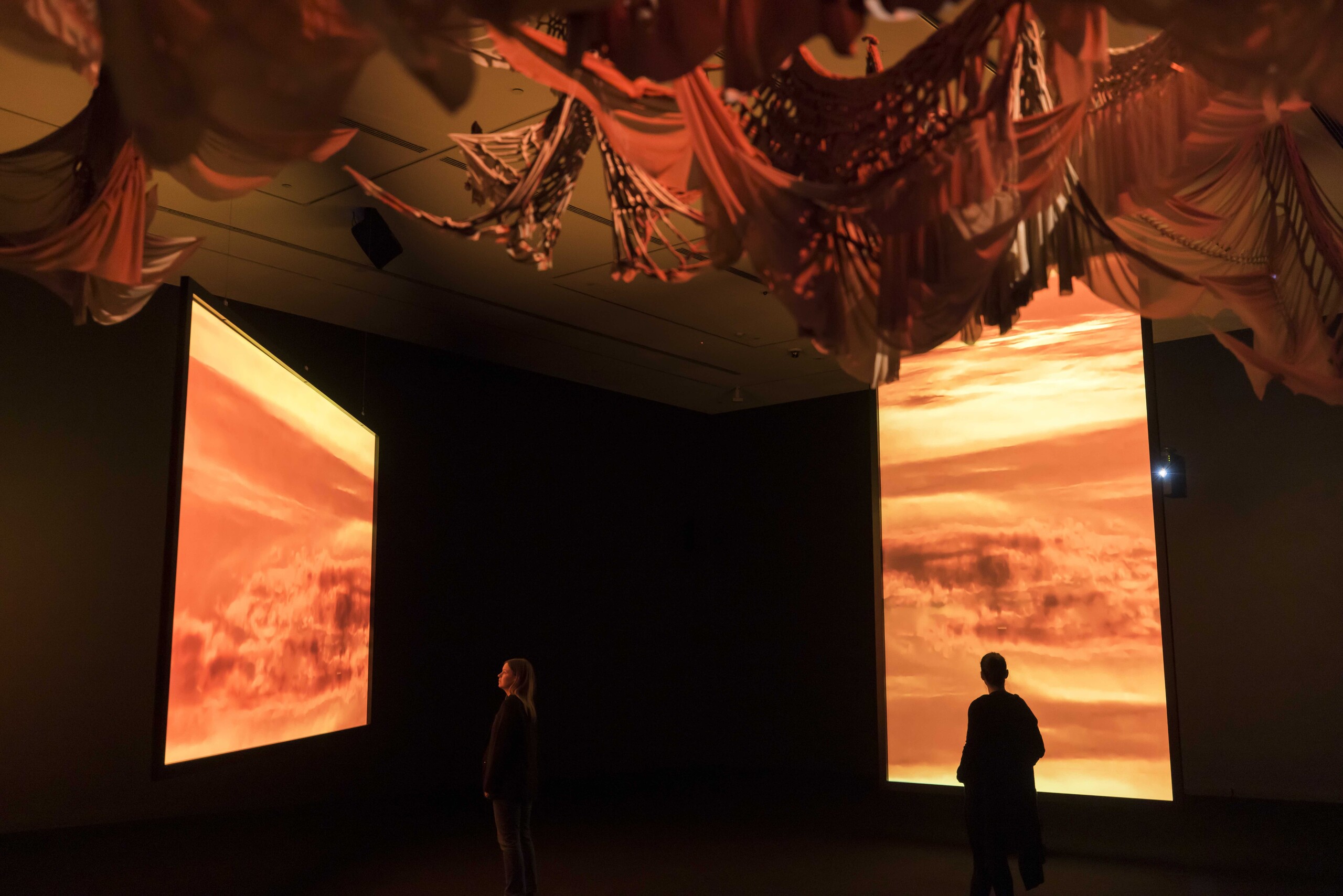 Club Ate (Justin Shoulder, Bhenji Ra, and collaborators), ANG IDOL KO / YOU ARE MY IDOL (detail), 2022, installation view, Ultra Unreal, Museum of Contemporary Art Australia, Sydney, 2022, 2-channel video, HD, colour, sound, fabric, image courtesy and © the artists, photograph: Anna Kučera