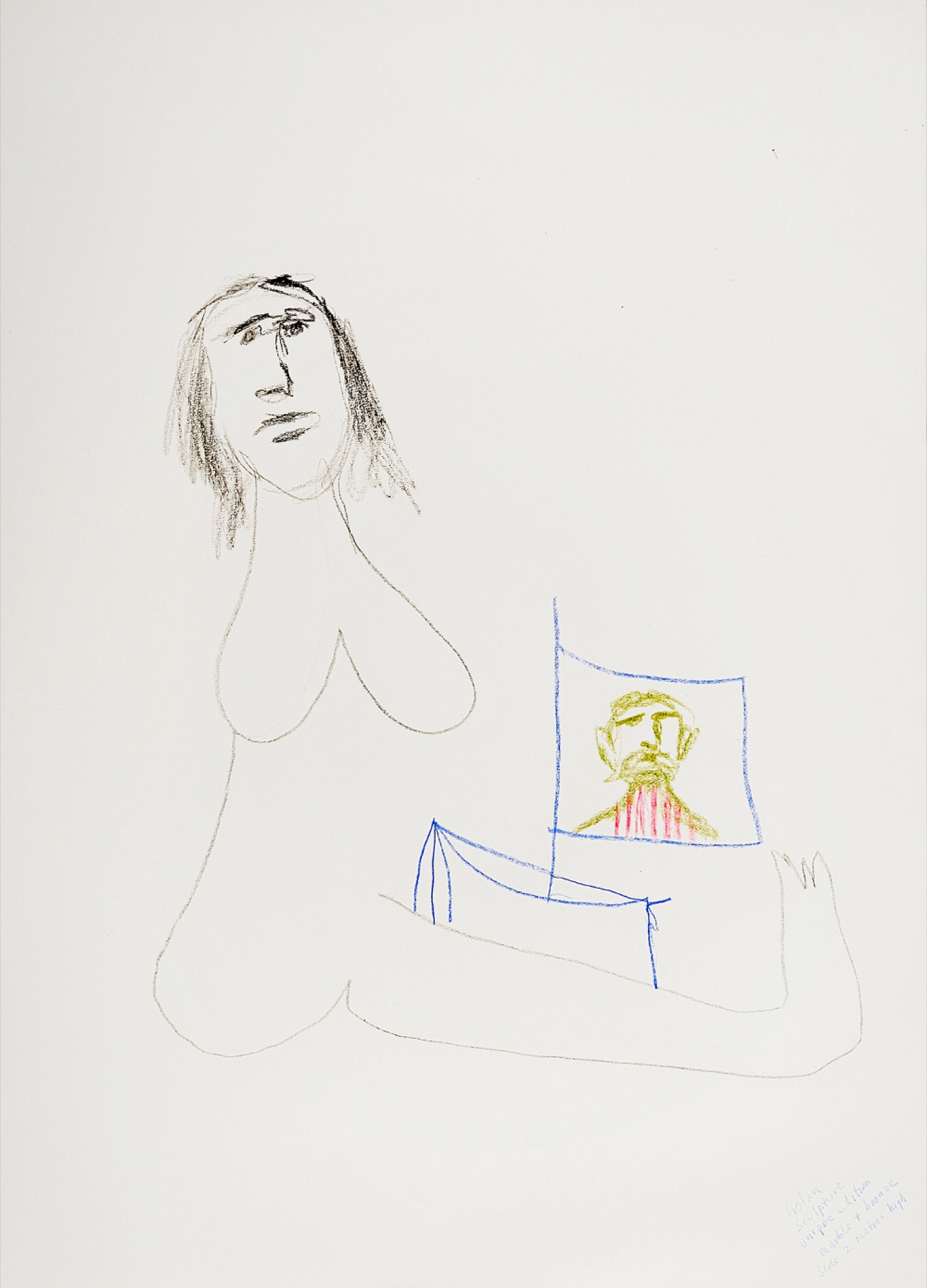 Sidney Nolan, <em>Woman with Flag - Study for Sculpture</em>, c. 1980-1989, crayon on card, 152.50 x 122.00.