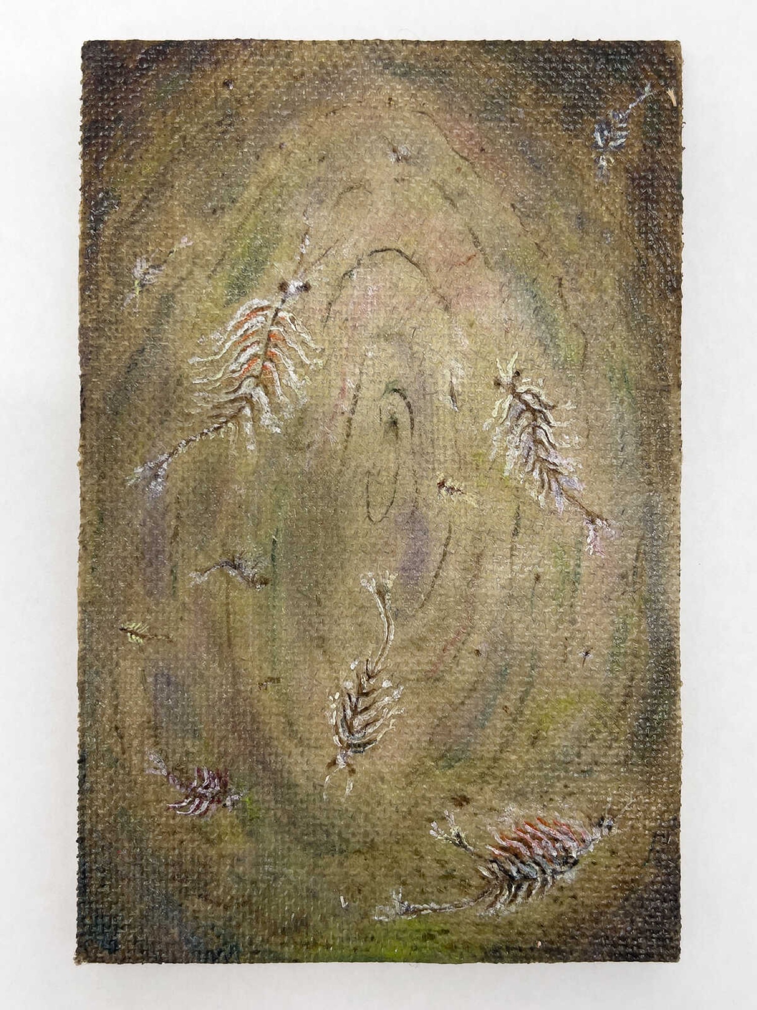 Matilda Davis, <a href="https://www.artsy.net/artwork/matilda-davis-sea-monkeys">Sea Monkeys</a>, 2021, Oil paint on linen and pine board, 15 × 10 cm
