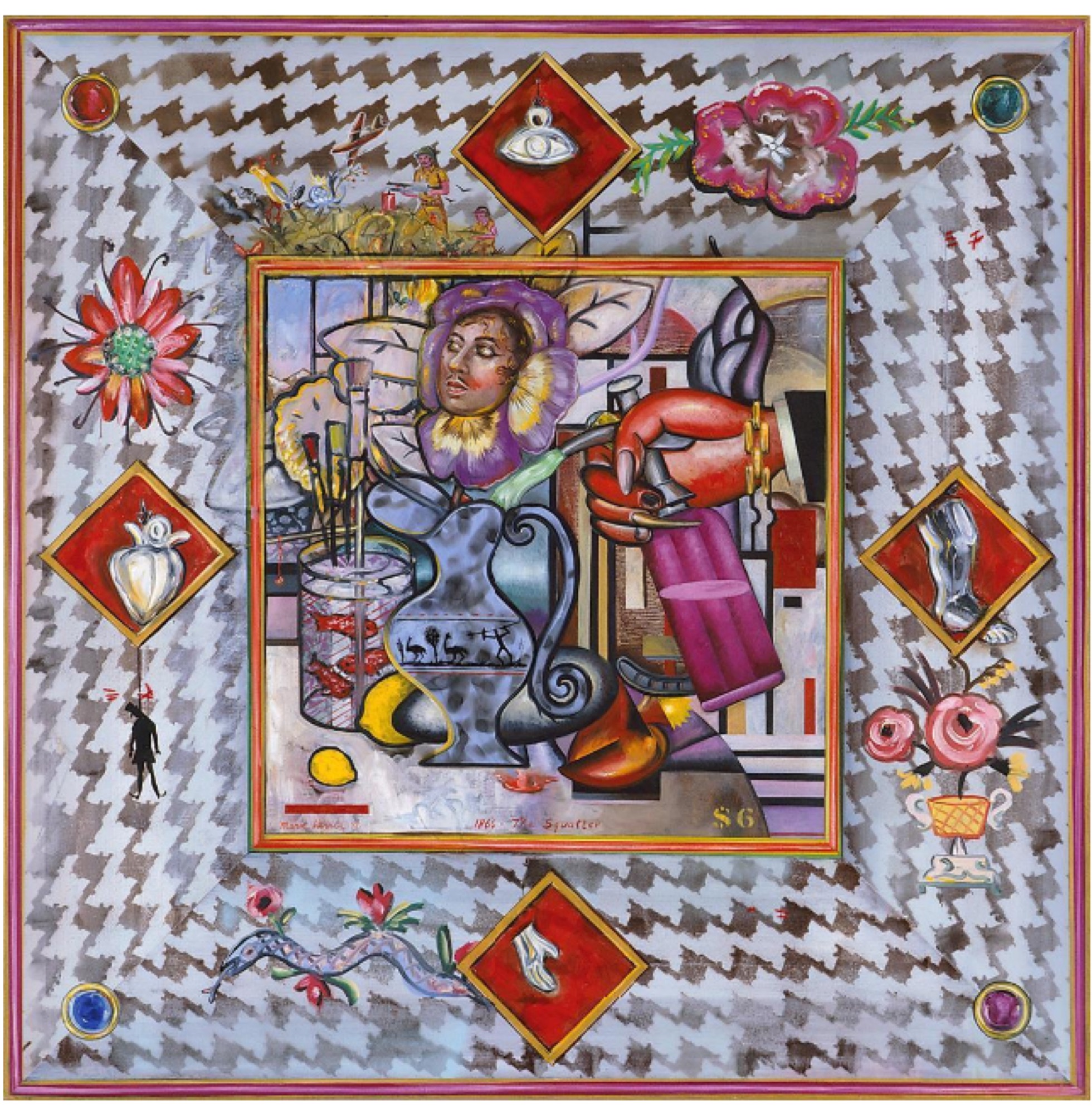 Juan Davila, Still Life with Bleeding Heart, 1992, oil and collage on canvas, 137 × 137 cm. © Juan Davila, Courtesy Kalli Rolfe Contemporary Art Photo credit: Mark Ashkanasy
