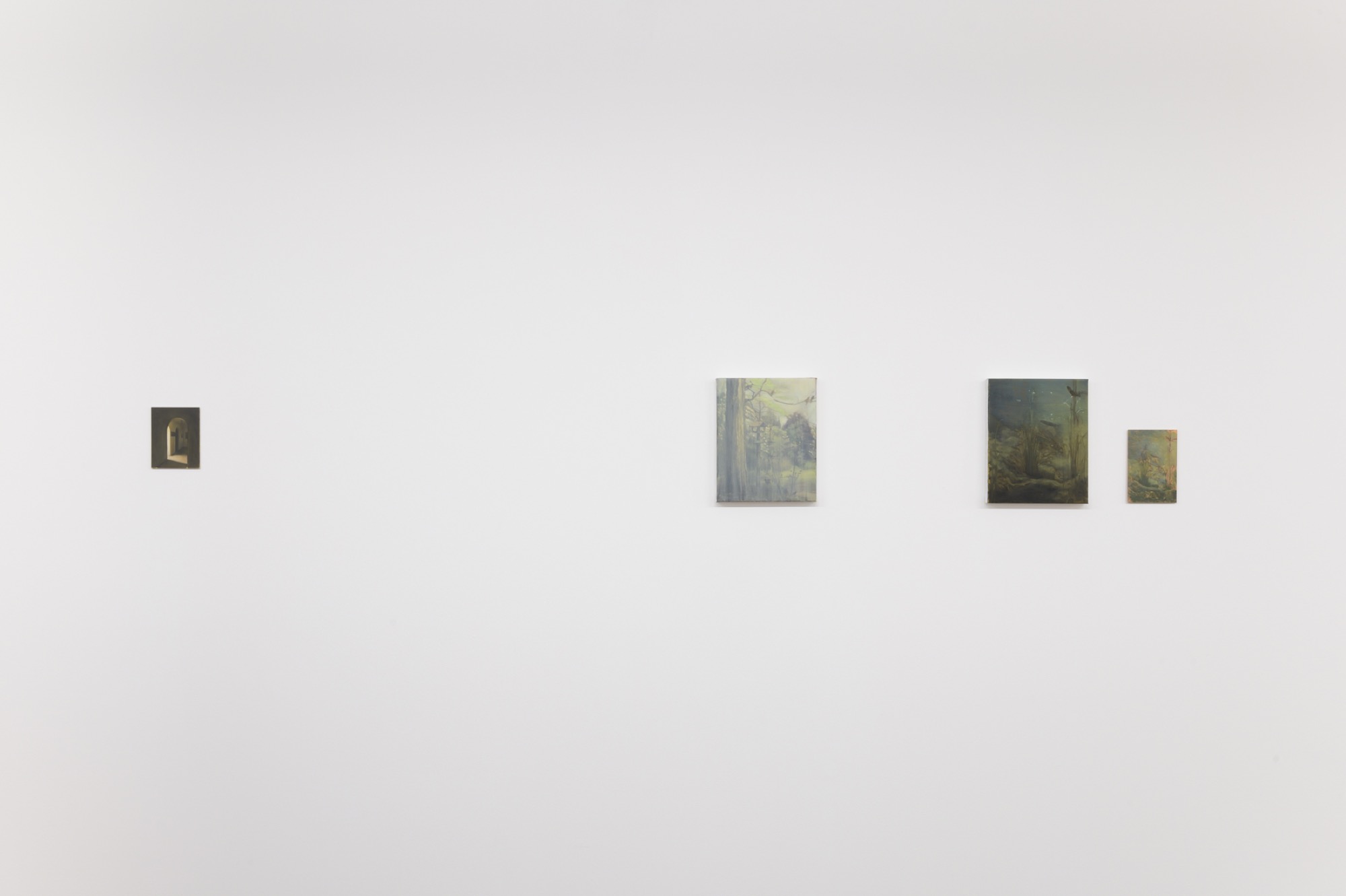 Kate Wallace, L-R, <em>View to a room #2</em>, 2019, oil on board, 12.7 x 10.3cm, <em>Views of trees and birds #1</em>, 2019, oil on linen, 25 x 20cm, <em>The outside in #1</em>, 2019, oil on linen, 25 x 20cm, <em>The outside in #2</em>, 2019, oil on copper, 15 x 10cm, photo: Aaron Christopher Rees