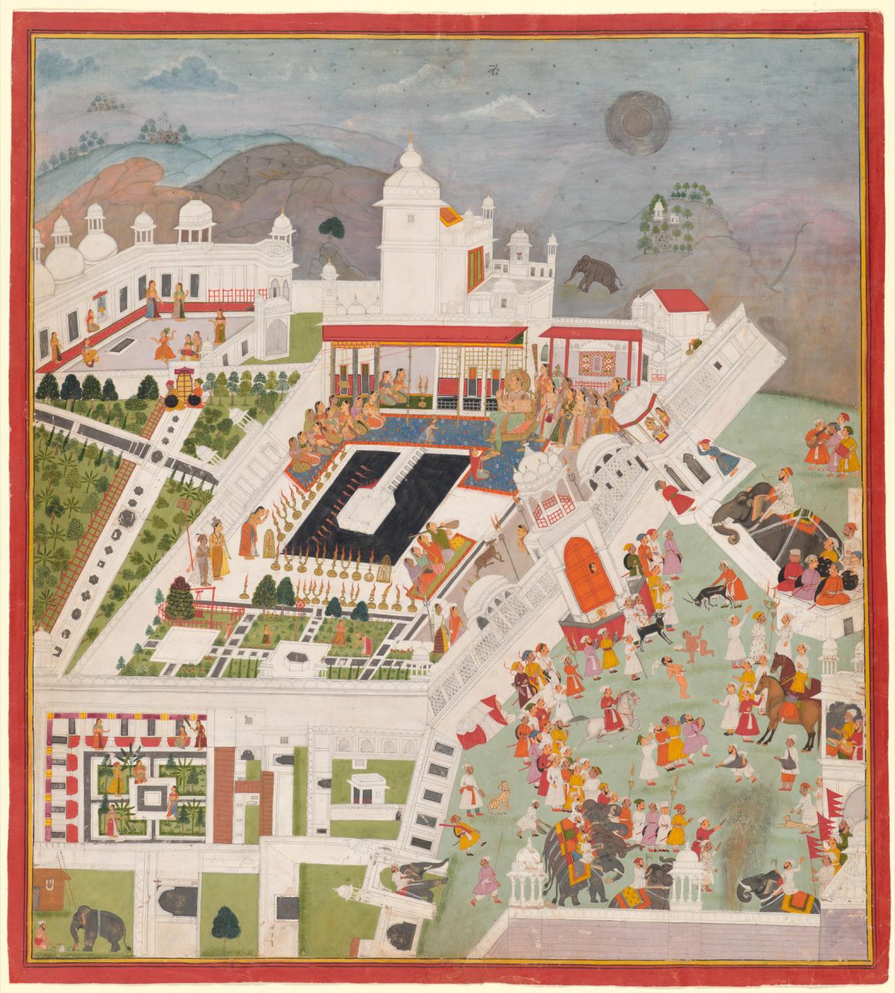 <em>Diwali celebrations at Kotah</em> c. 1690, opaque watercolour and gold paint on paper, 48.2 × 43.8 cm (image) 50.5 × 45.4 cm (sheet).