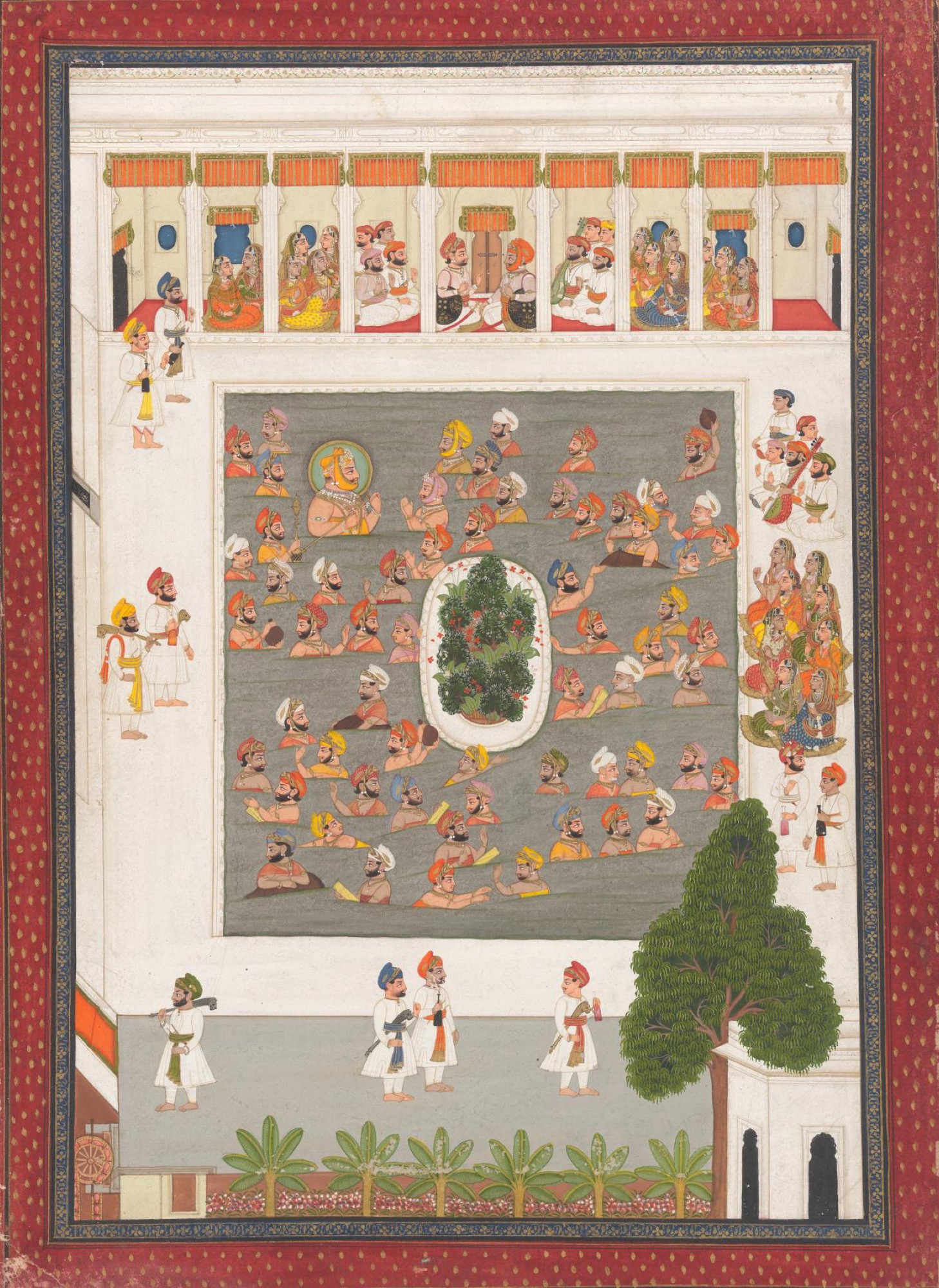 <em>Maharana Jawan Singh bathing with his sardars</em> c. 1835, opaque watercolour and gold and silver paint on paper, 42.5 × 28.8 cm (image) 48.8 × 35.5 cm (sheet)
