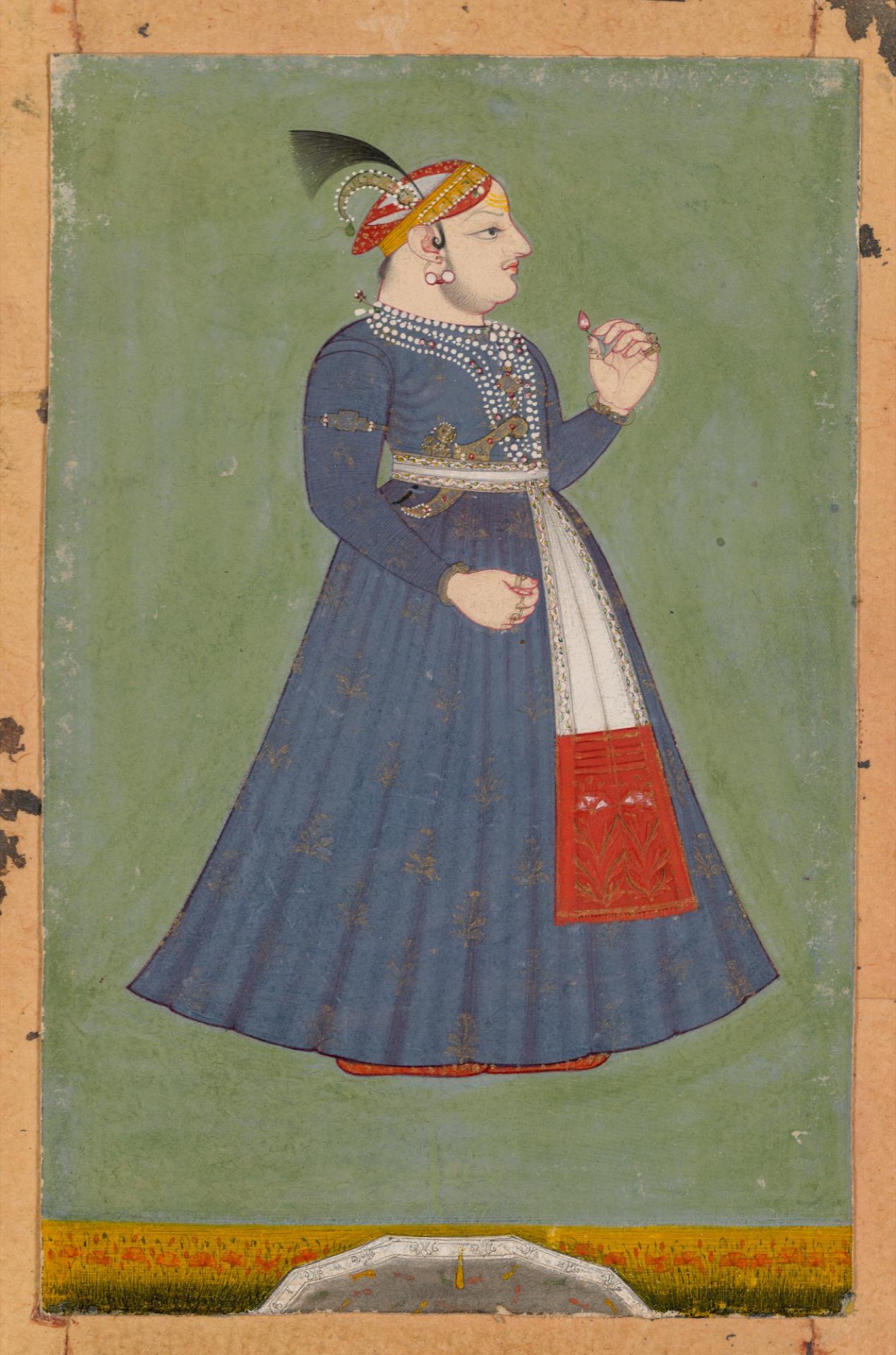 <em>Maharaja Nathji, younger brother of Maharana Jagat Singh II</em> 1737, opaque watercolour and gold paint on paper, 12.6 × 8.0 cm (image) 16.8 × 14.5 cm (sheet)