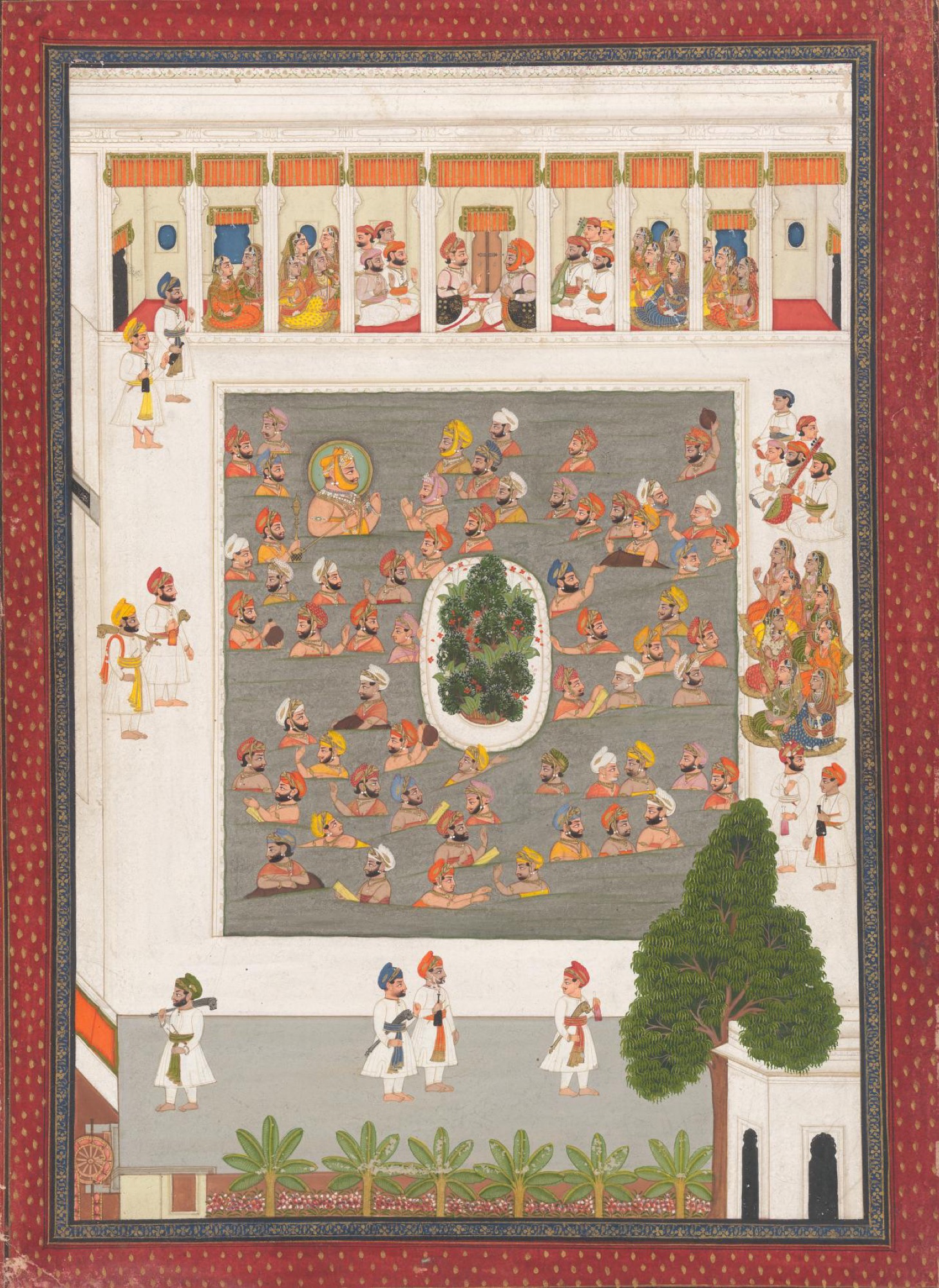 <em>Maharana Jawan Singh bathing with his sardars</em> c. 1835, opaque watercolour and gold and silver paint on paper, 42.5 × 28.8 cm (image) 48.8 × 35.5 cm (sheet)