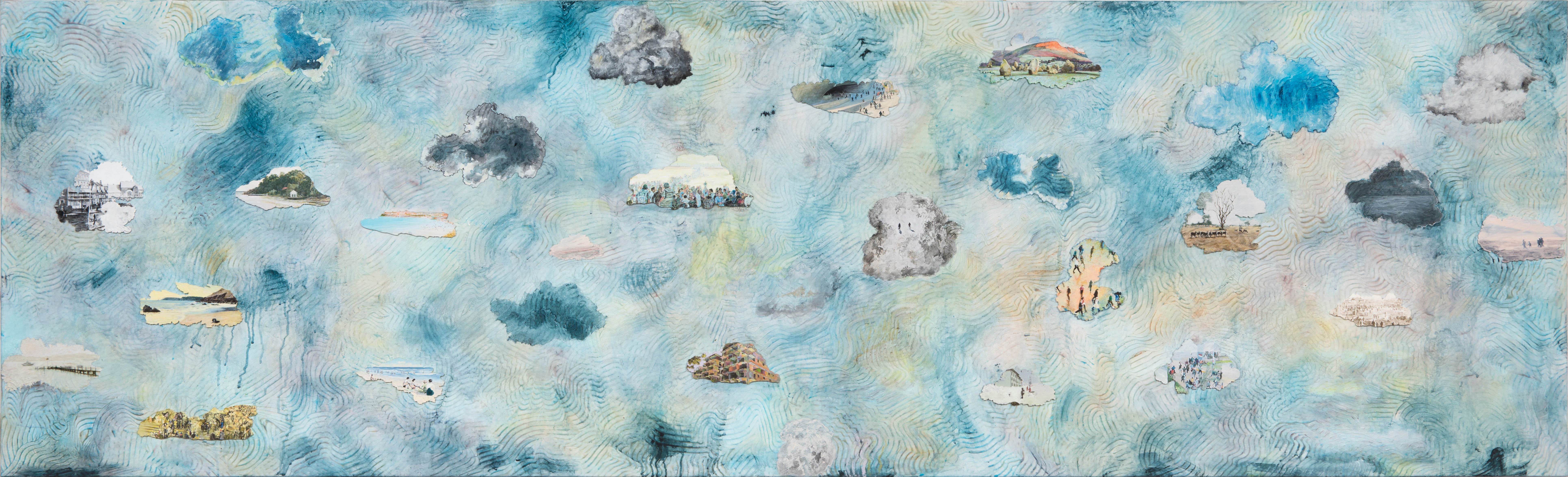 Vivienne Binns, <em>Minding Clouds</em>, 2016, acrylic and masonite on canvas, 90 x 296 cm. Private collection, Melbourne. Photo: Andrew Curtis, courtesy of Sutton Gallery, Melbourne.