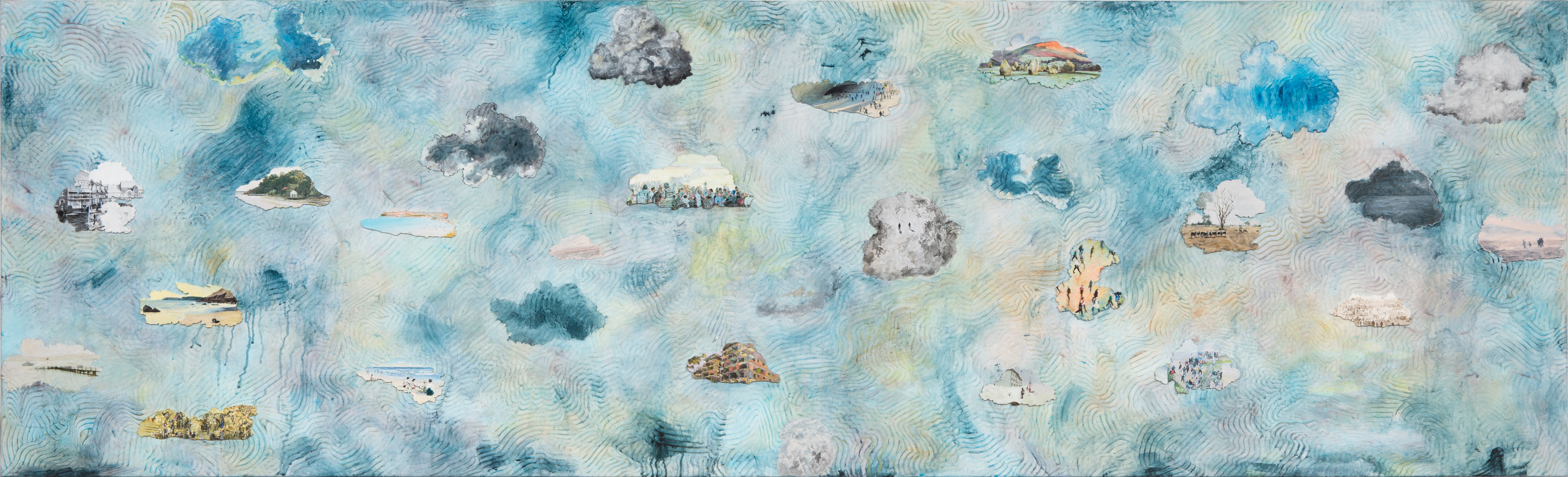 Vivienne Binns, <em>Minding Clouds</em>, 2016, acrylic and masonite on canvas, 90 x 296 cm. Private collection, Melbourne. Photo: Andrew Curtis, courtesy of Sutton Gallery, Melbourne.