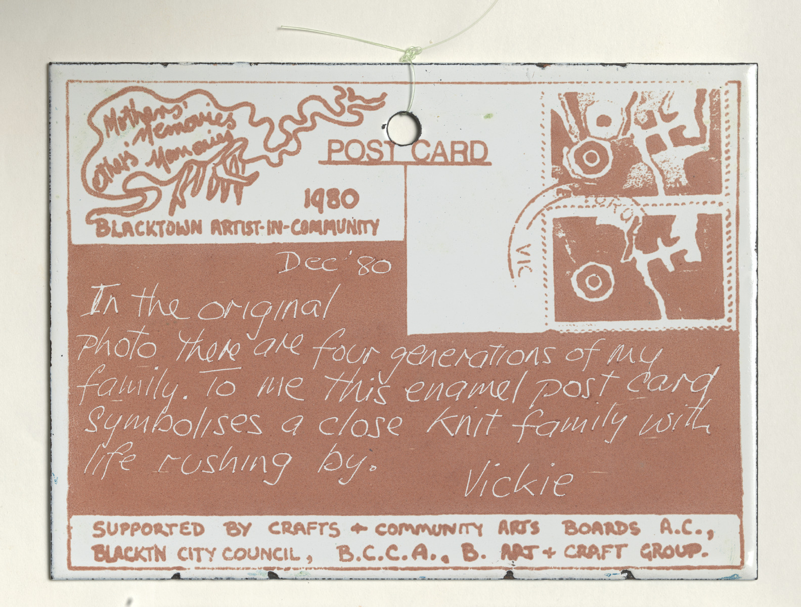Vivienne Binns and Participants (Vickie), (detail of) <em>Mothers’ Memories, Others’ Memories: Postcard Rack</em>, 1980, screenprints on vitreous enamel on steel, prints attached by nylon line to anodised steel postcard rack, 90.4 (H) x 27.0 (W) x 27.0 (D) cm (overall), National Gallery of Australia, Canberra (Gift of the Philip Morris Arts Grant 1982). © Vivienne Binns/Copyright Agency.