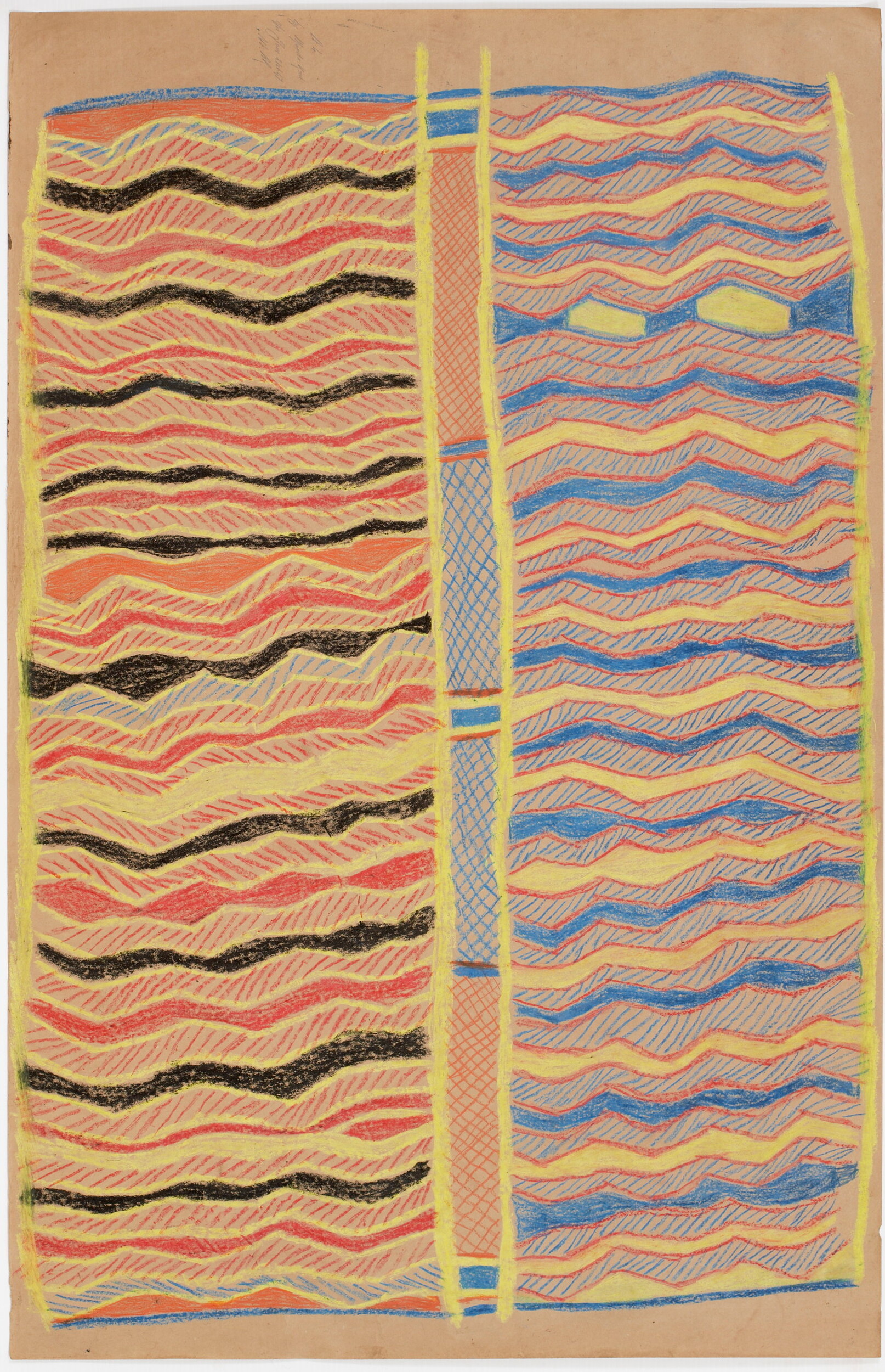 <p>Mundukul Marawili&nbsp;<em>Fish trap at Baraltja</em>&nbsp;1947, lumbar crayon on butchers paper, 115 x 74 cm, Berndt Museum, The University of Western Australia © Estate of the artist, Buku-Larrŋgay Mulka Centre, Yirrkala.</p>