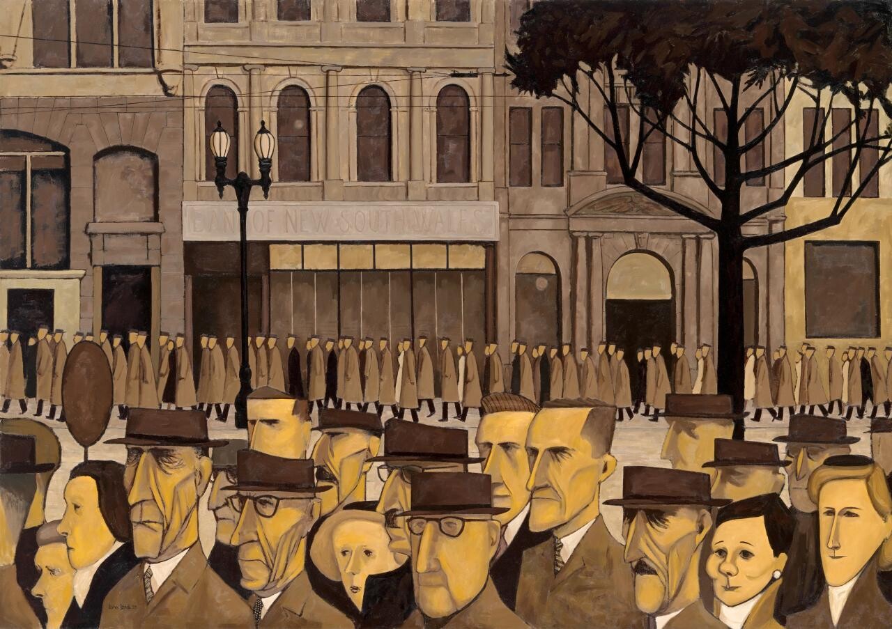<p>John&nbsp;Brack,&nbsp;<em>Collins St, 5 p.m.,&nbsp;</em>1955 © Helen&nbsp;Brack. Image courtesy National Gallery of Victoria, Melbourne</p>