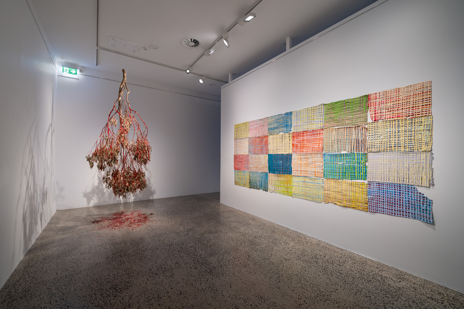 Installation view of <em>West of Central</em>, Bathurst Regional Art Gallery, 1 July–27 August 2023, featuring Georgina Pollard, <em>Chandelier for ants</em>, 2023, recuperated eucalyptus branch, toffee, dimensions variable. Courtesy the artist, and Georgina Pollard, <em>Mistints</em>, 2016, dimensions variable. Courtesy the artist. Photo: David Roma Photography