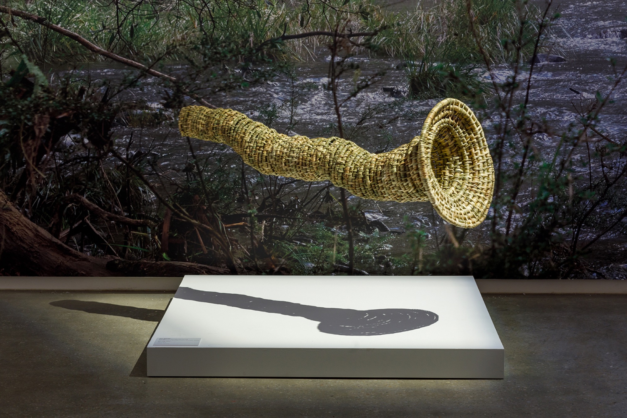 Installation view of Kim Wandin (Wurundjeri/Woi-wurrung),<em> Eel Trap</em> 2021, natural fibers, 140 x 45 x 45 cm, WILAM BIIK, TarraWarra Museum, of Art, 2021. Photo: Andrew Curtis.