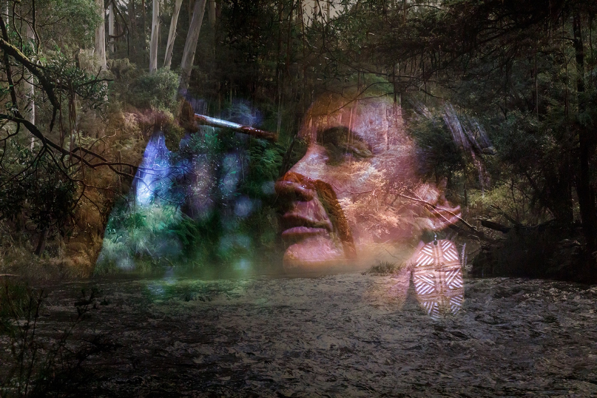 Djirri Djirri Wurundjeri Women’s Dance Group (Dancers include Wurundjeri, Dja Dja wurrung, Ngurai illum-wurrung), <em>Wominjeka</em> 2018–20, video projection on phototex wallpaper duration 00:02:26. Filmed by Ryan Tews. Installation view, WILAM BIIK, TarraWarra Museum of Art, 2021. Courtesy of the artists. Photo: Andrew Curtis.