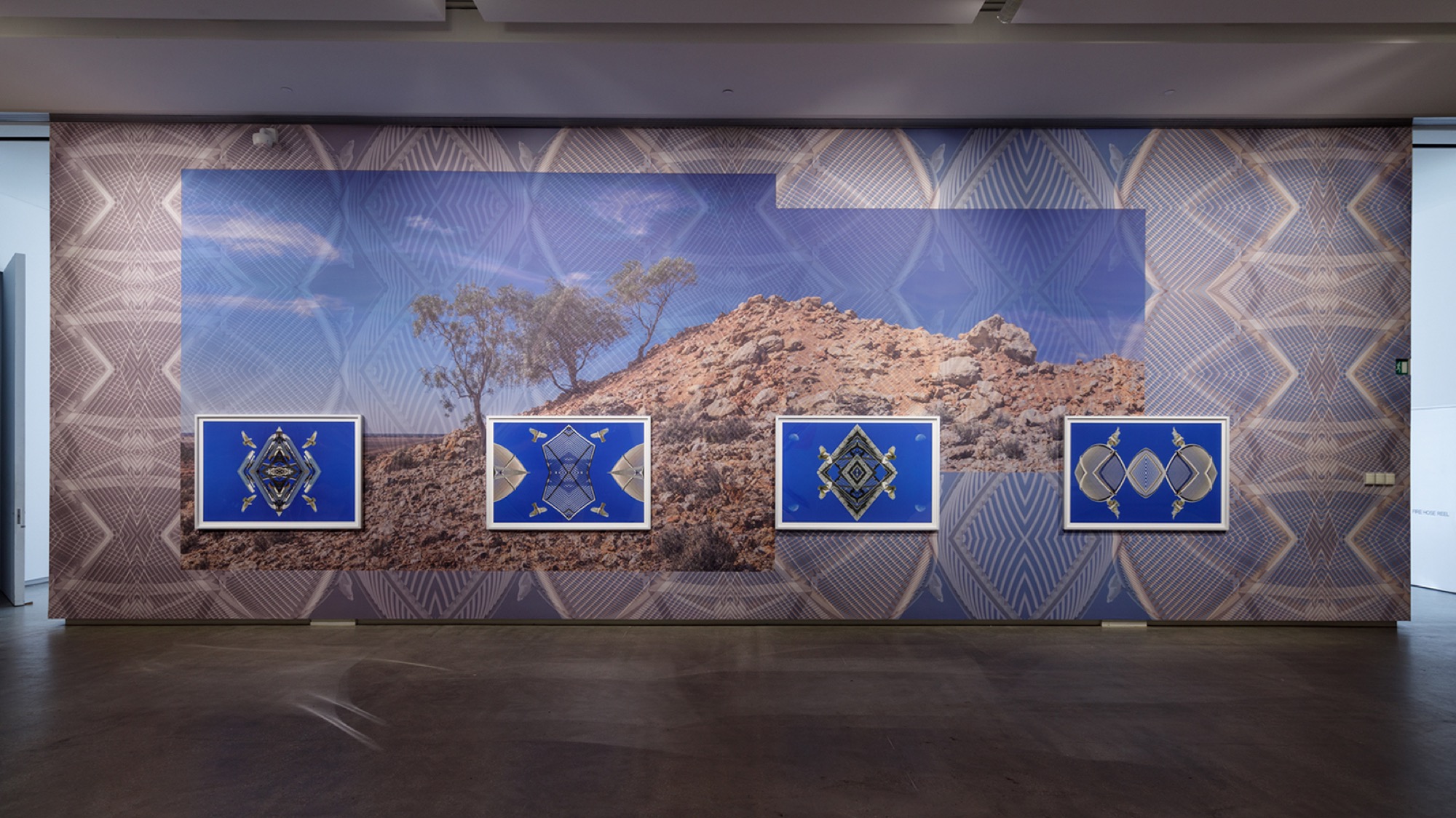 Kent Morris (Barkindji), <em>Barkindji Blue Sky – Ancestral Connections #11</em> 2021, digital print on phototex wallpaper with framed giclee prints on rag paper, 1356 x 492.5 cm, installation view, WILAM BIIK, TarraWarra Museum of Art, 2021. Courtesy of the artist and Vivien Anderson Gallery. Photo: Andrew Curtis.