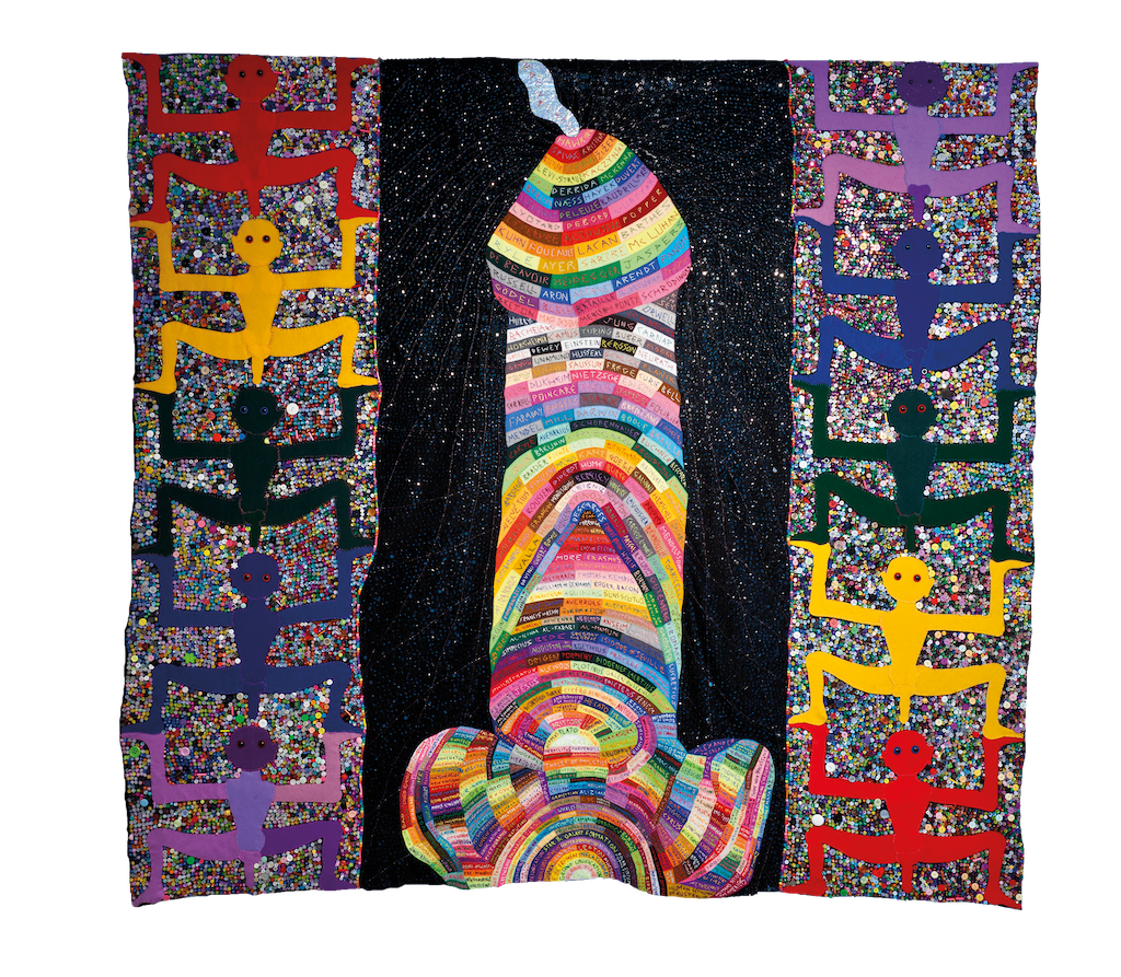 Paul Yore, <em>THIS MOMENT IS CRITICAL</em>, 2014, mixed media textile appliqué comprising found materials, reclaimed fabrics, wool, beads, sequins, buttons, 261.0 x 280.0 cm, Buxton International Collection, Melbourne.