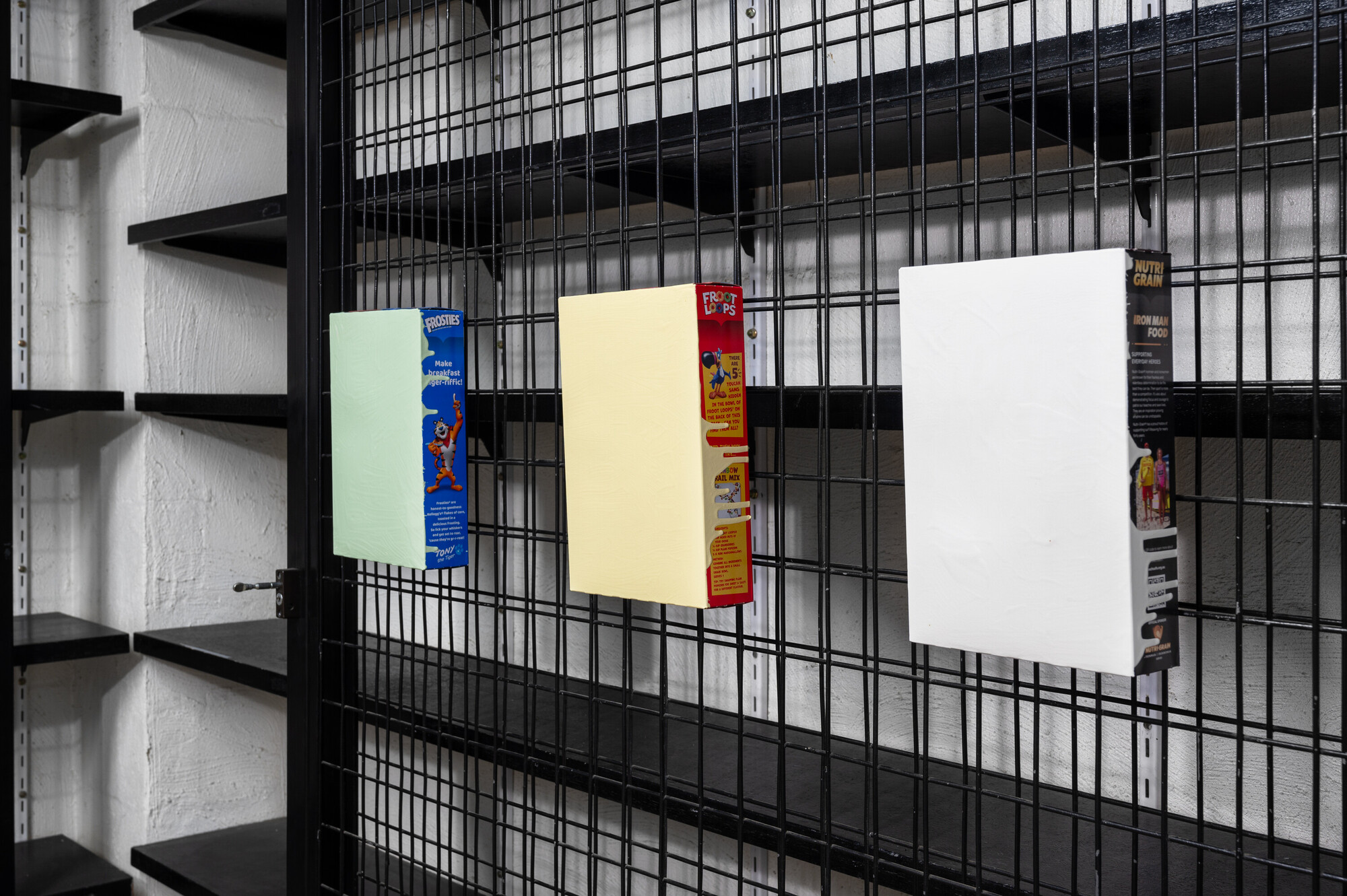 <p>Tommaso Nervegna-Reed,<em> Kellogg’s: Colour Charts</em>, <em>Untitled (#4, 5 & 6)</em>, 2024, colour matched acrylic paint on Kellogg’s cereal box, 27 x 18 x 5.5 cm each. Exhibited at Cache, 2 June 2024. Photograph: Tommaso Nervegna-Reed. Image courtesy of the artist and Cache.</p>